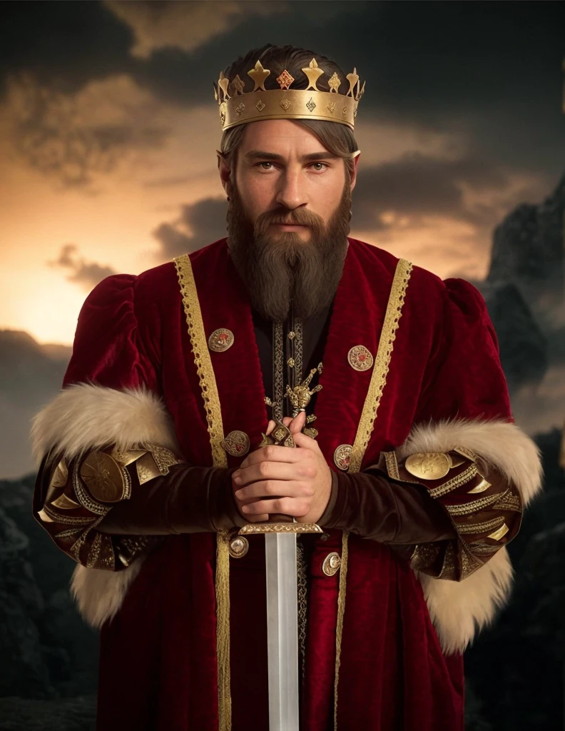 arafed man in a red robe holding a sword and wearing a crown, epic viking king, viking king, messi as a viking, medieval old king, portrait of a medieval old king, king richard the lionheart, dressed as emperor, portrait of a viking, as a medieval fantasy character, great king of stovokor, majesty in noble clothes