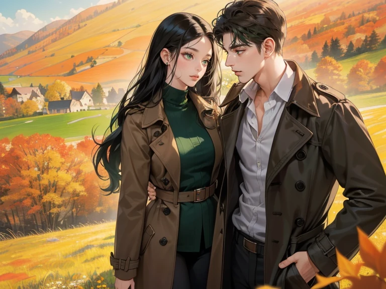 couple, 1 man 1 woman, extremely detailed face, detailed eyes ((woman with long black hair, dark green eyes)), man with short curly dark hair and dark brown eyes, 25 years old, (woman wears autumn outfit), (man wears a brown trench coat, black pants), boy is taller, having a picnic in the meadow background: meadow, French countryside atmosphere: autumn