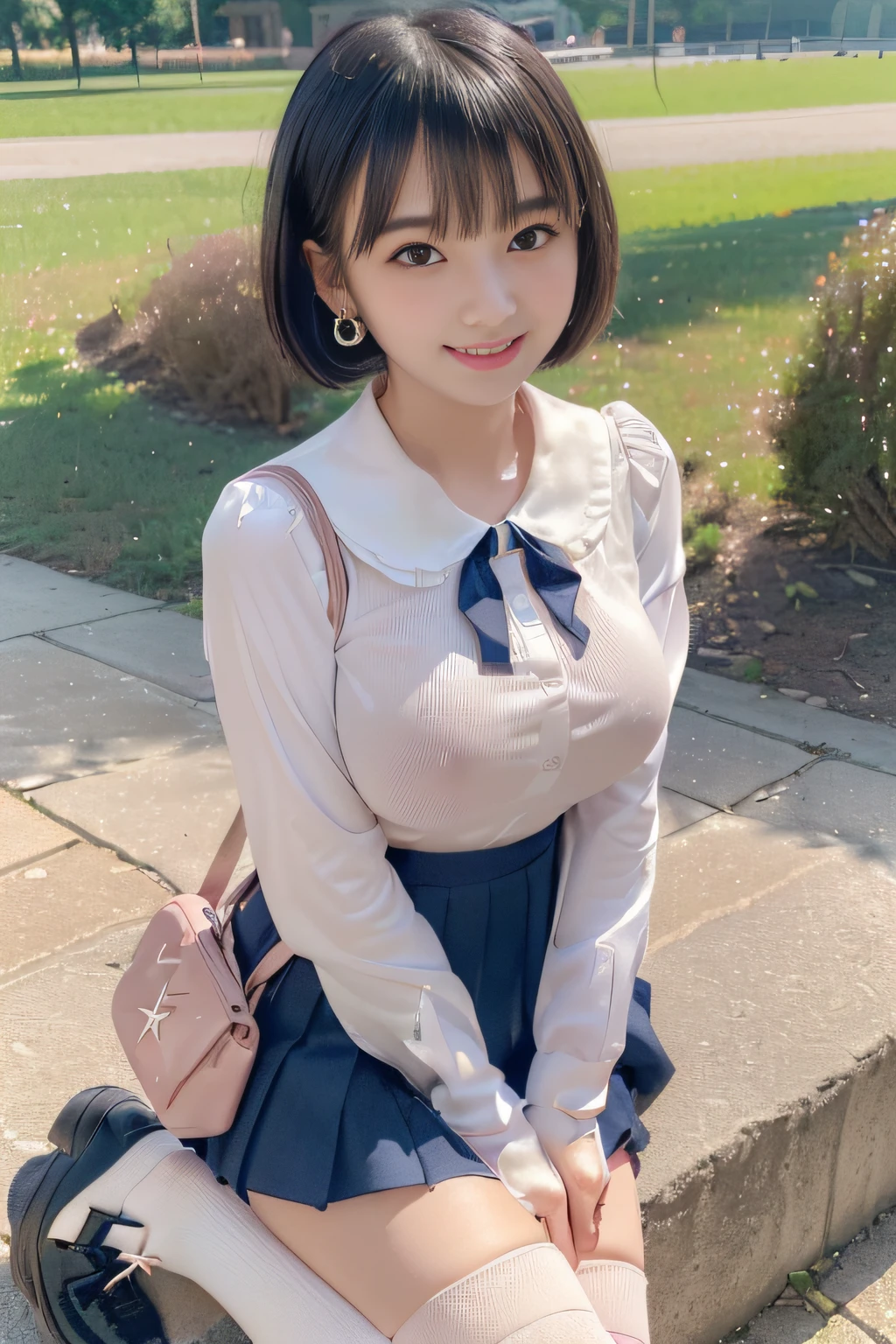 (high school ground:1.3), (stand with inner thighs, smile), (high school uniform, Long sleeve White blouse, navy pleated skirt, red ribbon on the chest, white socks, loafers, student bag), (full length, whole body), (black hair, 16 years old, slim waist and large breasts style, short height, short bob cut, blush stickers, one little star earring, lively eyes, younger sister girl, round face, eyebrows downward, light blush, Look at viewers, affectionate cute, cute girl, surreal high school girl, big breasts:1.2), (Surrealism, natural lighting, depth of field, Nikon, 8k, super detail, masterpiece, high details, anatomically correct, award winning), on a luxurious bed