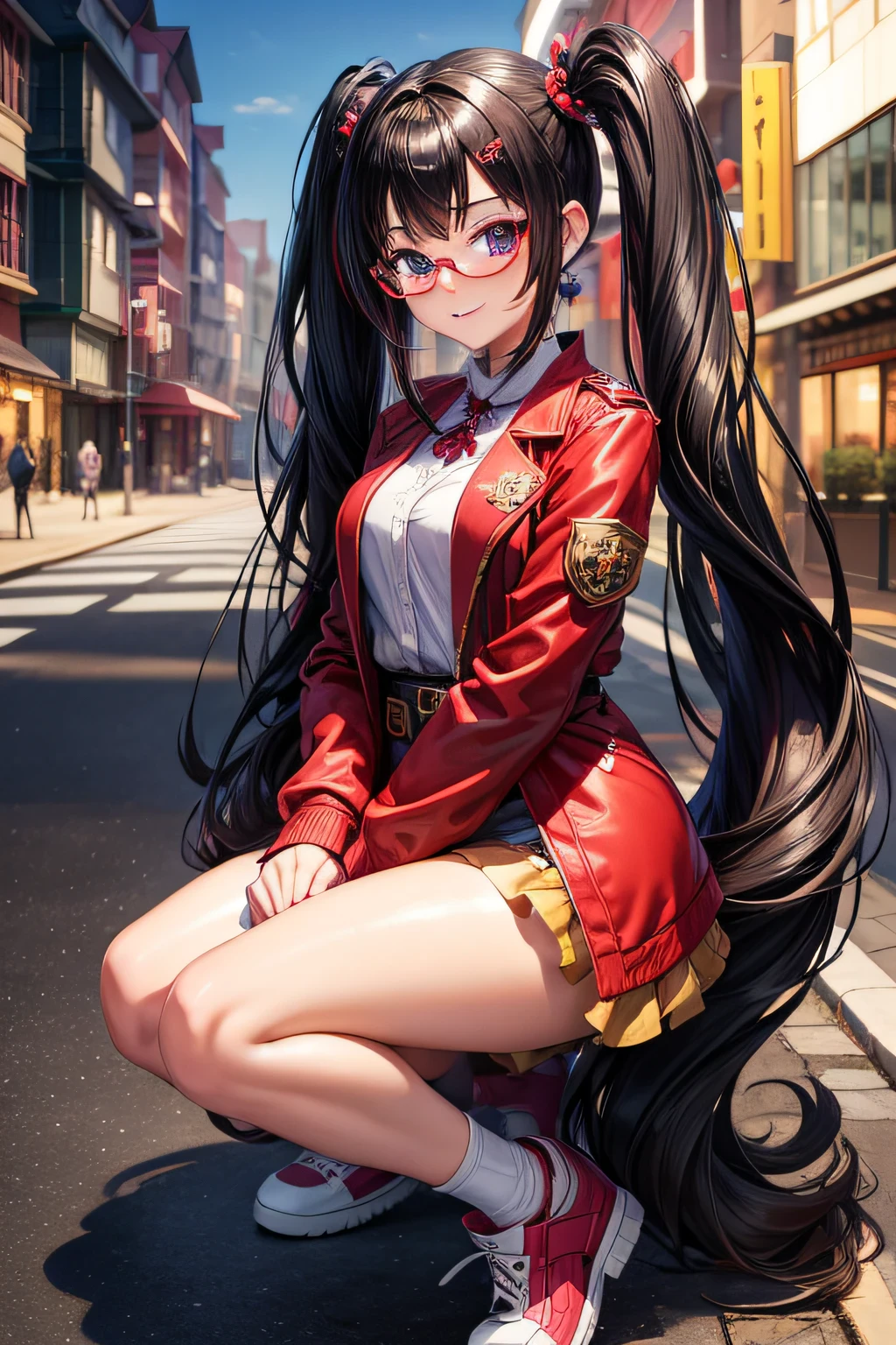 masterpiece, best quality, 1girl, solo, ((mature female)), round pupils, twintails long hair, , princess, red jacket, fantasy, happy, looking at viewer, cartoon, anime, black hair, purple eyes, gold ornament hair, the best smile, black half frame glasses, japan street background, full body