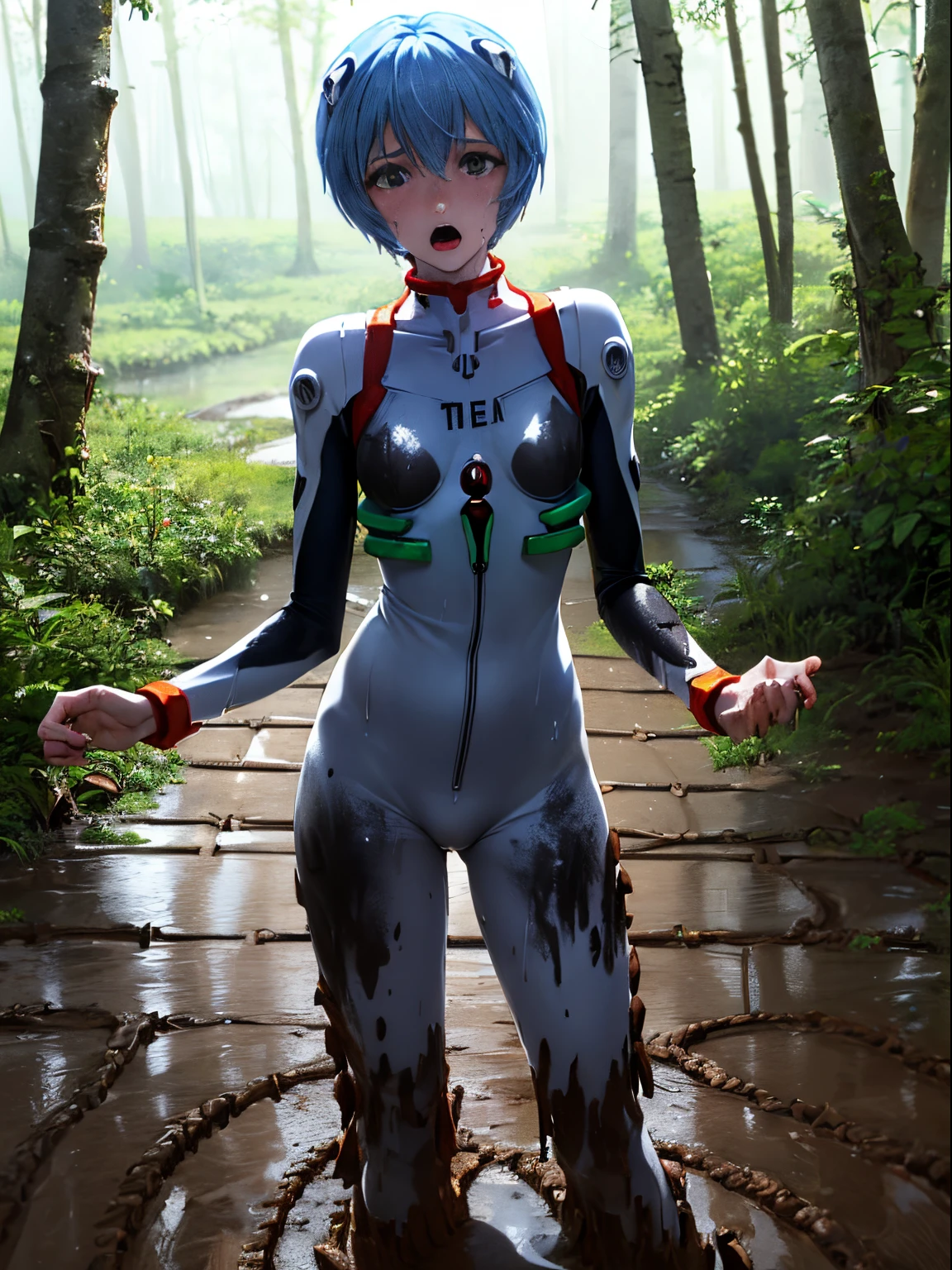 girl(Rei Ayanami {Neon Genesis Evangelion,}1.8), nffsw, VRay Shadering, nffsw, Realistic drawing, Realistic eyes, 8K, Realistic light, OpenGL-Shaders, Post-processing, (((White plug suit))), Cute, 1girl in, Solo, white-skinned pretty girl, Short hair, Small, lovely face, Cute face, Delicate arms, Delicate hand, slender legs and body, Short stature,(((Slender crotch:1.3))),(Slender thighs:1.3), (is standing, weakened, Running:1.6), (royal blue hair,  Open mouth:1.3),(Ouch, Tears, Covered in sweat:1.5), steaming body, flying sweatdrops, sweat stain , full blush, (swamp, dense woods, wet lands, sink into the mud:1.6),(((Mud on clothes:1.8)))