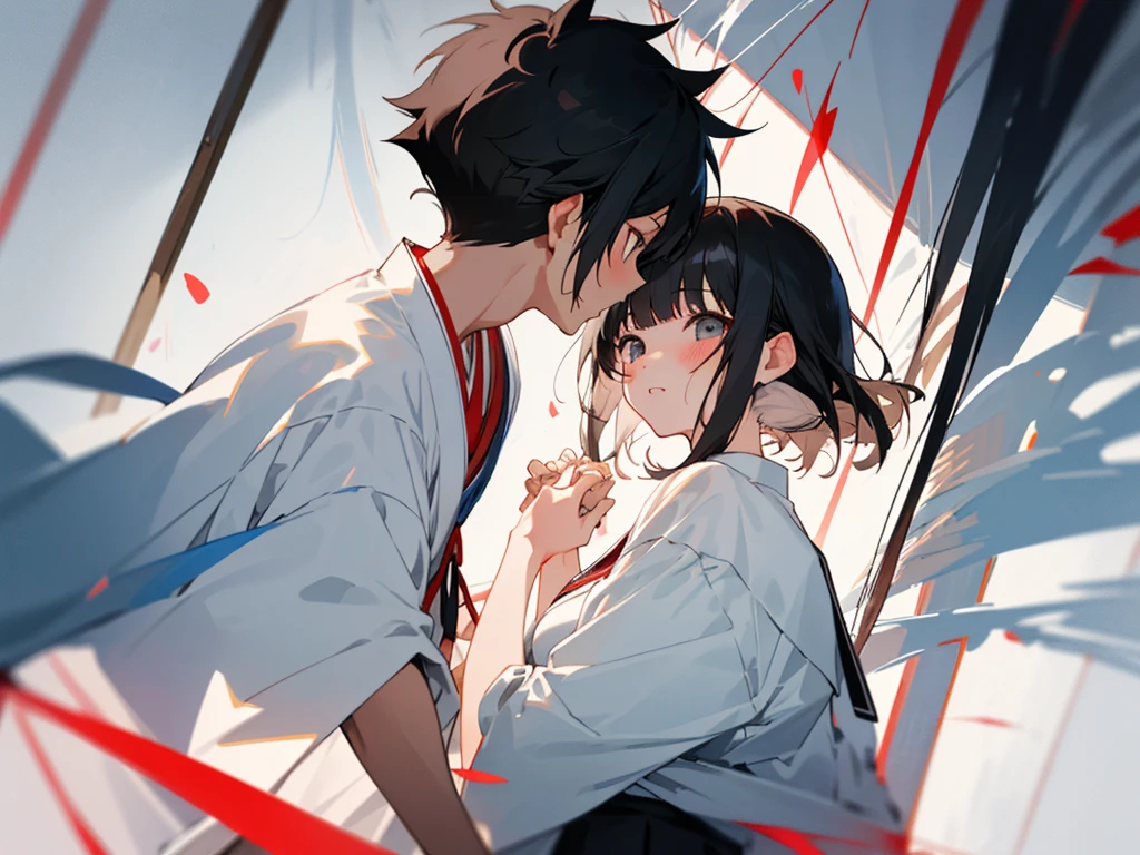 Double couple,Japanese anime style,quadratic element,School style,high school senior,modern day,Girls with black hair and bangs,Girls wearing skirts,Boys' short hair looks juvenile,Boys and girls interact,Sweet couple,The boy looks at the girl lovingly,The two of them exposed their upper bodies,good eyes looking,Delicate hair,Draw out the details,Sense of light and shadow。