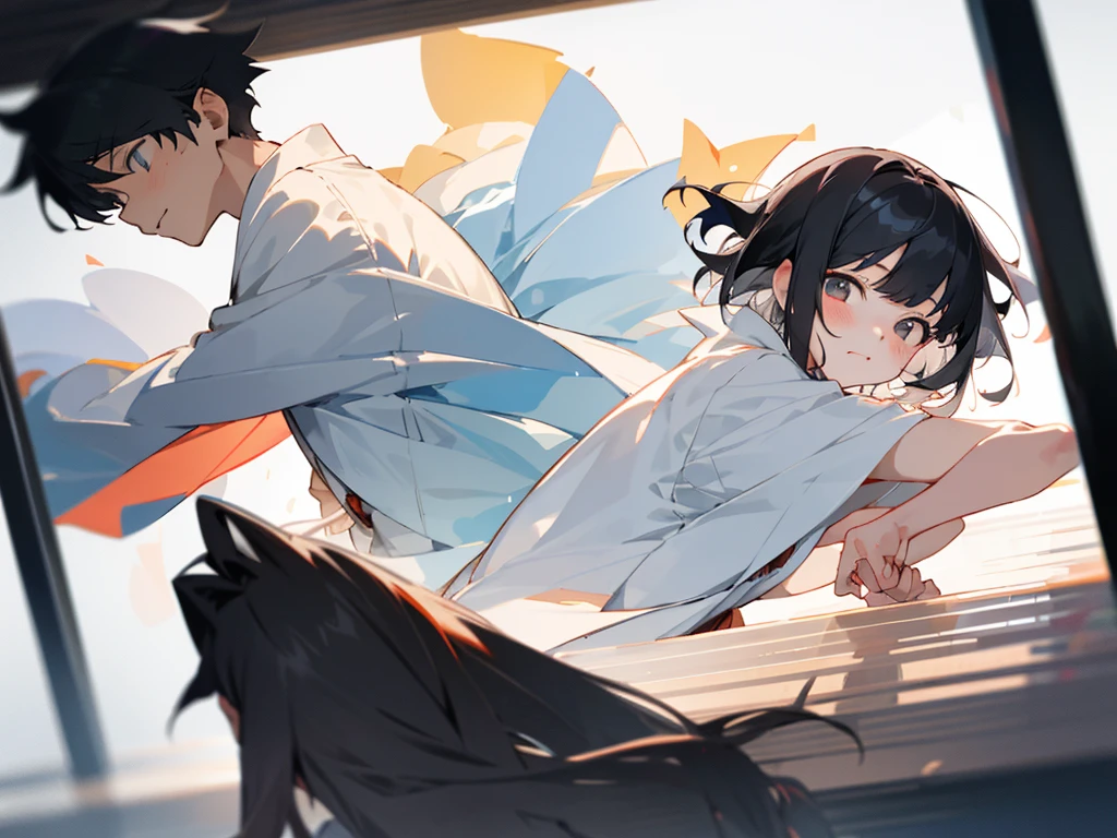 Double couple,Japanese anime style,quadratic element,School style,high school senior,modern day,Girls with black hair and bangs,Girls wearing skirts,Boys' short hair looks juvenile,Boys and girls interact,Sweet couple,The boy looks at the girl lovingly,The two of them exposed their upper bodies,good eyes looking,Delicate hair,Draw out the details,Sense of light and shadow。