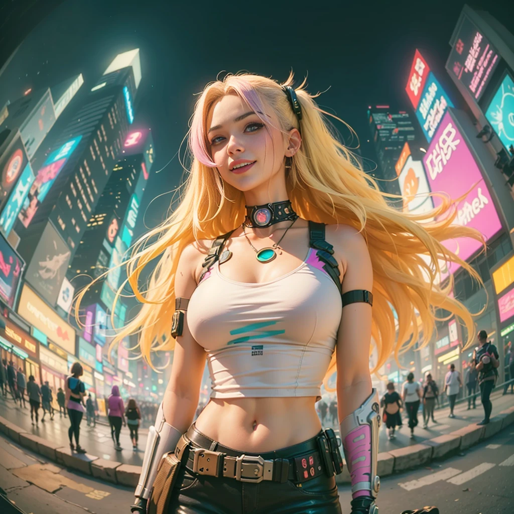 ((cyberpunk girls wearing colorful Harajuku style pop outfit)), ((((fisheye lens)))), cowboy shot, wind, purple hair, ((cyberpunk 2077 cityscape)), (cyberpunk aesthetics and atmosphere:1.3), bright colors, smiling, ((cinematic lighting)