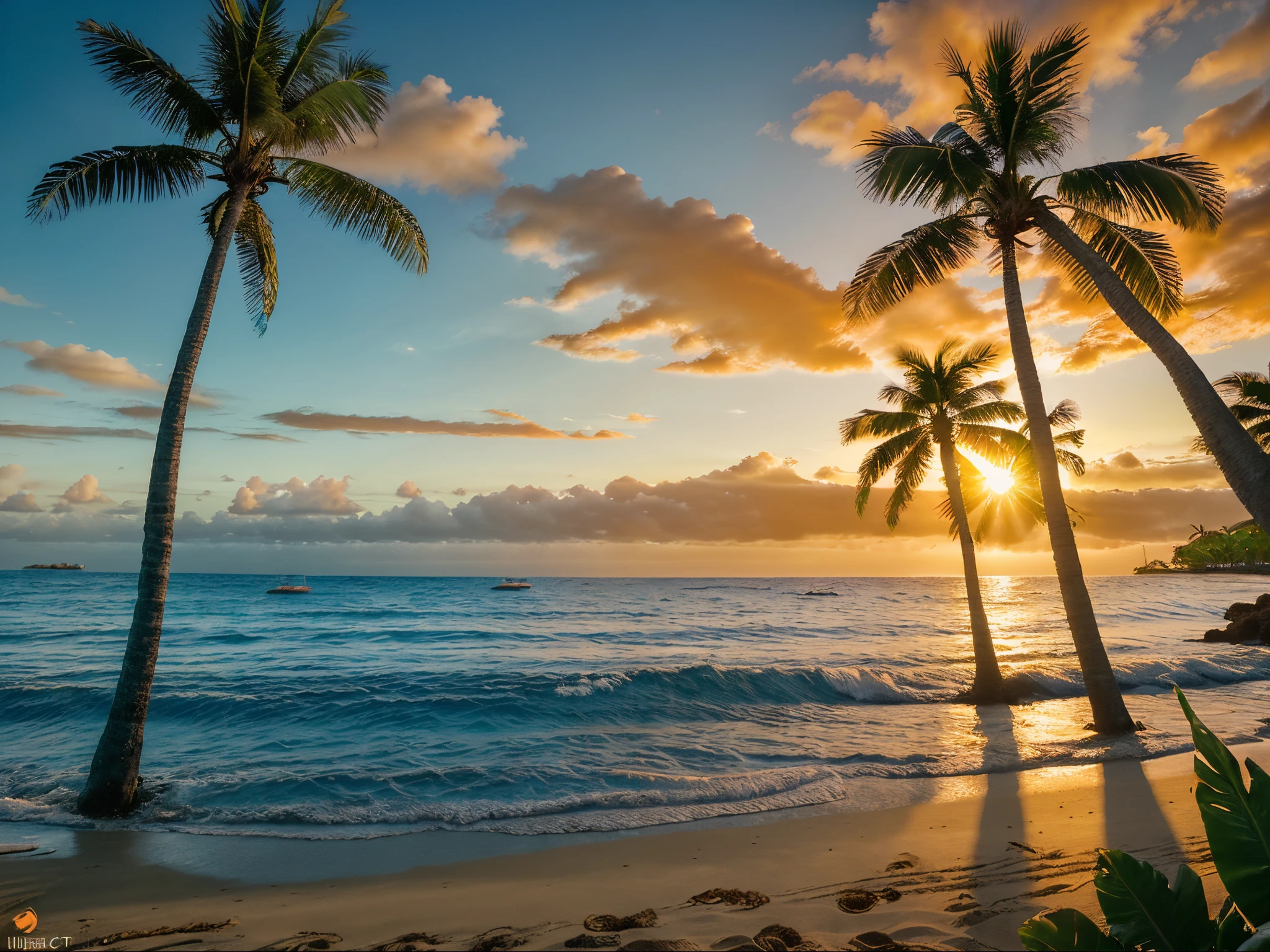 A view of a beach with palm trees and a boat in the distance - SeaArt AI
