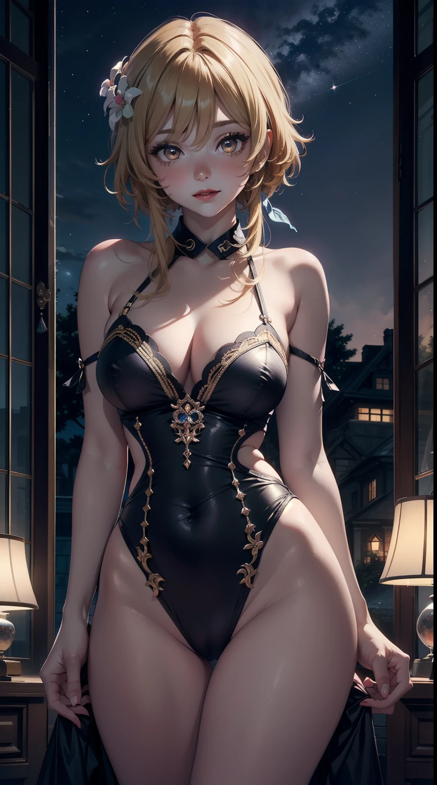 ((masterpiece)),(bestquality),((ultra-detailed)), ((beautiful detailed sky)), ((cinematic lighting)), depth of field, (dynamic angle),detailed lighting,((beautiful detailed eyes)), (night sky view), red lip, smile,eyeshadow,l, sexy, cleavage, ((blush)), ((bare hips)) , ((off shoulders)), ((luminernd))