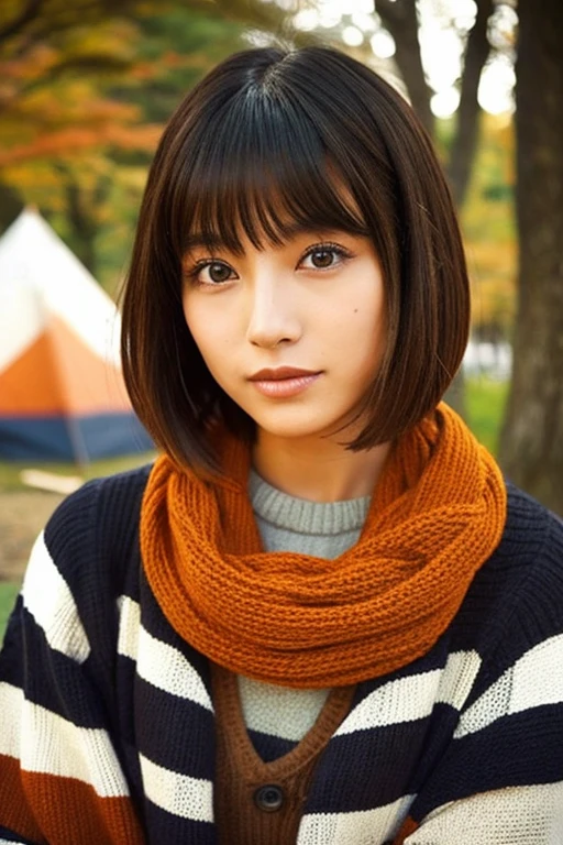 bob cuts、Beautiful woman in Japan、camp、teepee、autumnal、bonfire