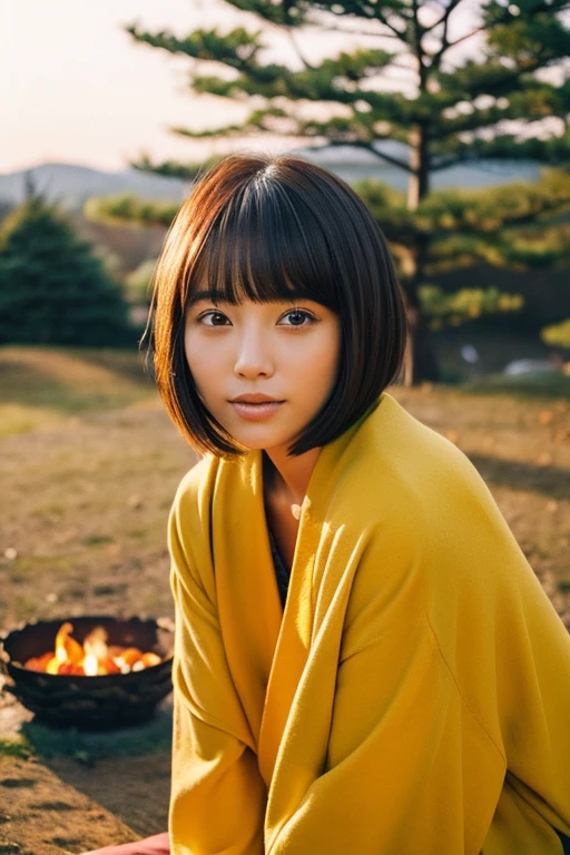 bob cuts、Beautiful woman in Japan、camp、teepee、autumnal、bonfire