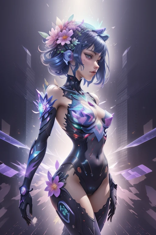 Dubrec style，woman portrait[blooming flower：0.2]，Yecheng，[leave prospects，urban backdrop：0.5]，Mecha girl avatar，Futuristic virtual holographic digital image background，（Doubleexposure：1.8），Complex illustrations in surrealist art style，Surreal dreams，Become an invisible virtual hologram，Transparent person avatar，Virtual holographic digital image