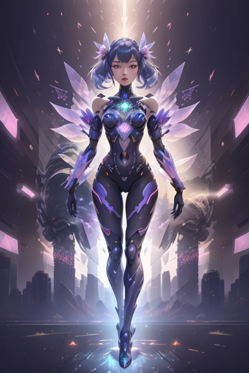 Dubrec style，woman portrait[blooming flower：0.2]，Yecheng，[leave prospects，urban backdrop：0.5]，Mecha girl avatar，Futuristic virtual holographic digital image background，（Doubleexposure：1.8），Complex illustrations in surrealist art style，Surreal dreams，Become an invisible virtual hologram，Transparent person avatar，Virtual holographic digital image