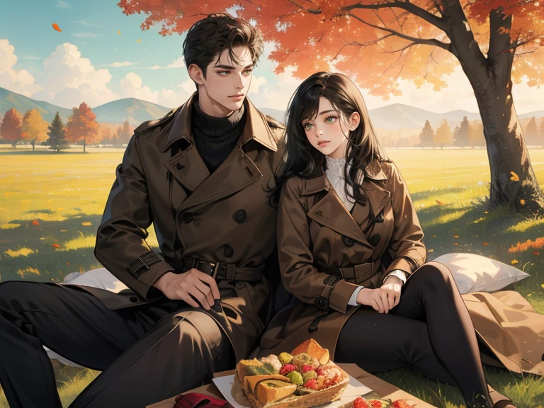 couple, 1 man 1 woman, extremely detailed face, detailed eyes ((woman with long black hair, dark green eyes)), man with short curly dark hair and dark brown eyes, 25 years old, (woman wears autumn outfit), (man wears a brown trench coat, black pants), boy is taller, having a picnic in the meadow, sitting together on picnic blanket background: meadow, French countryside atmosphere: autumn