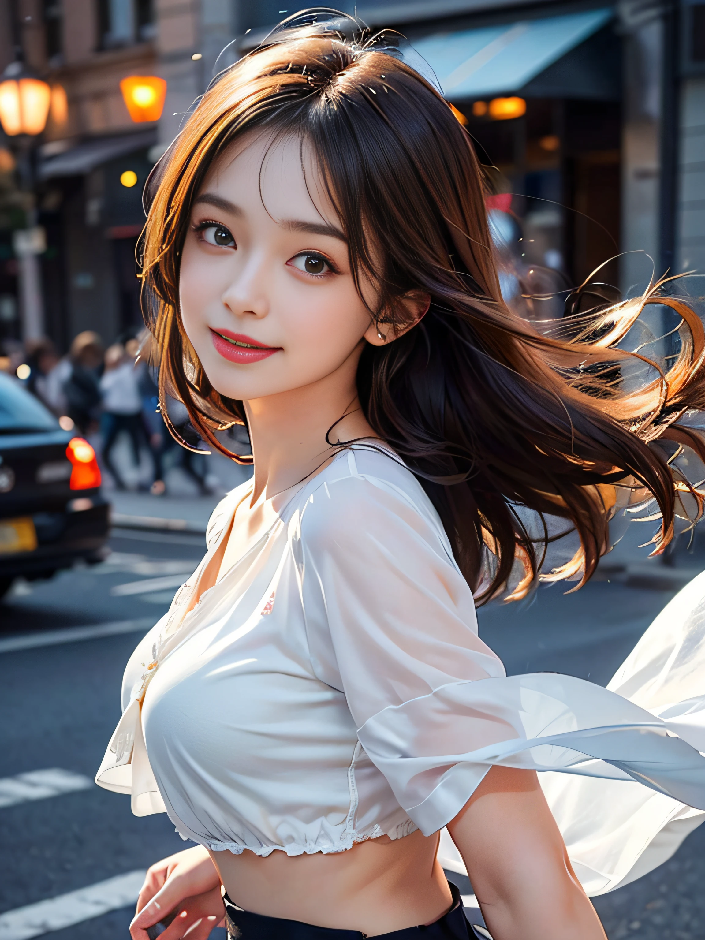 (8K high image quality), (top-quality), (RAW image quality),(masutepiece:1.2), (Realistic), (Photorealistic:1.37), (Photographed by a professional photographer)),largeeyes,long eyelasher,（Live-action realistic style）,The Ultimate Face,Photorealistic light and shadow,Clear facial features,milky skin,Fair skin, highdetailskin,Realistic skin details,Visible Pore,（Super Detail）,Hair length is random, （Flowing hair）,Best portraits,Shot from a short distance, Only one girl, Cute,Beautiful detailed eyes, beautiful detailed nose, highlydetailed skin) ,(Beautiful face with double eyelids), (Realism: 1.4),excellent details, Ultra-high resolution,,,delicate and beautiful face,,20yr old,(Beautiful Face 1.4),A slender,(Please wear a blouse and short skirt:1.2),((In a busy city)),((Show your audience your best smile)),Longhaire,Lame around the eyes,lipsticks,((Blouse color is random)),Very beautiful legs,(((Standing))),((Smile at your audience)),The color of the panties is white,Very attractive smile,(((A very strong wind blows and exposes her panties))),((Standing and showing off white panties)),It is a very simple dress,((The panties are flipped up by the wind)),Lovely smile,A strong wind blew and my panties were visible..............,((Shooting angle from the front))