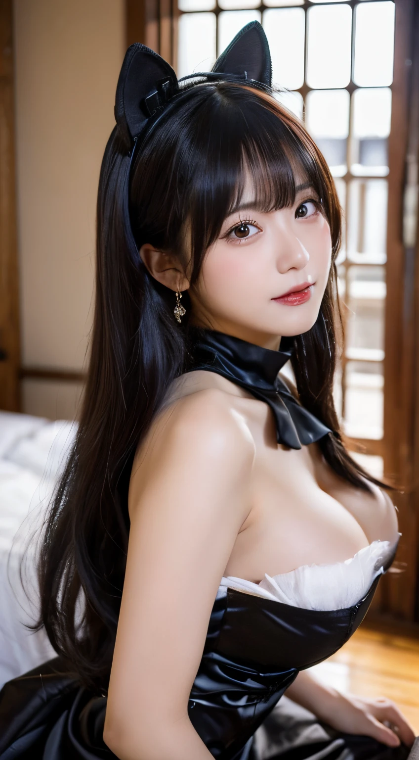 (top-quality,8K picture quality,masterpiece:1.3,),(超A high resolution,Photorealsitic:1.4,Raw photography),(ultra-detailliert,shinny skin,Detailed skin),(Detailed face,Perfect Anatomy,Caustics),(all-fours:1.5),(on the beds:1.1),(Front view:1.4),(Low position:1.2),Cat's ears,Cat gloves,(Sexy Maid Clothes), (T back),20yr old,Japanese ido,A dark-haired,Longhaire,Embarrassed look,Looking down at the camera,large boob,cleavage of the breast,big butts,natural soft light