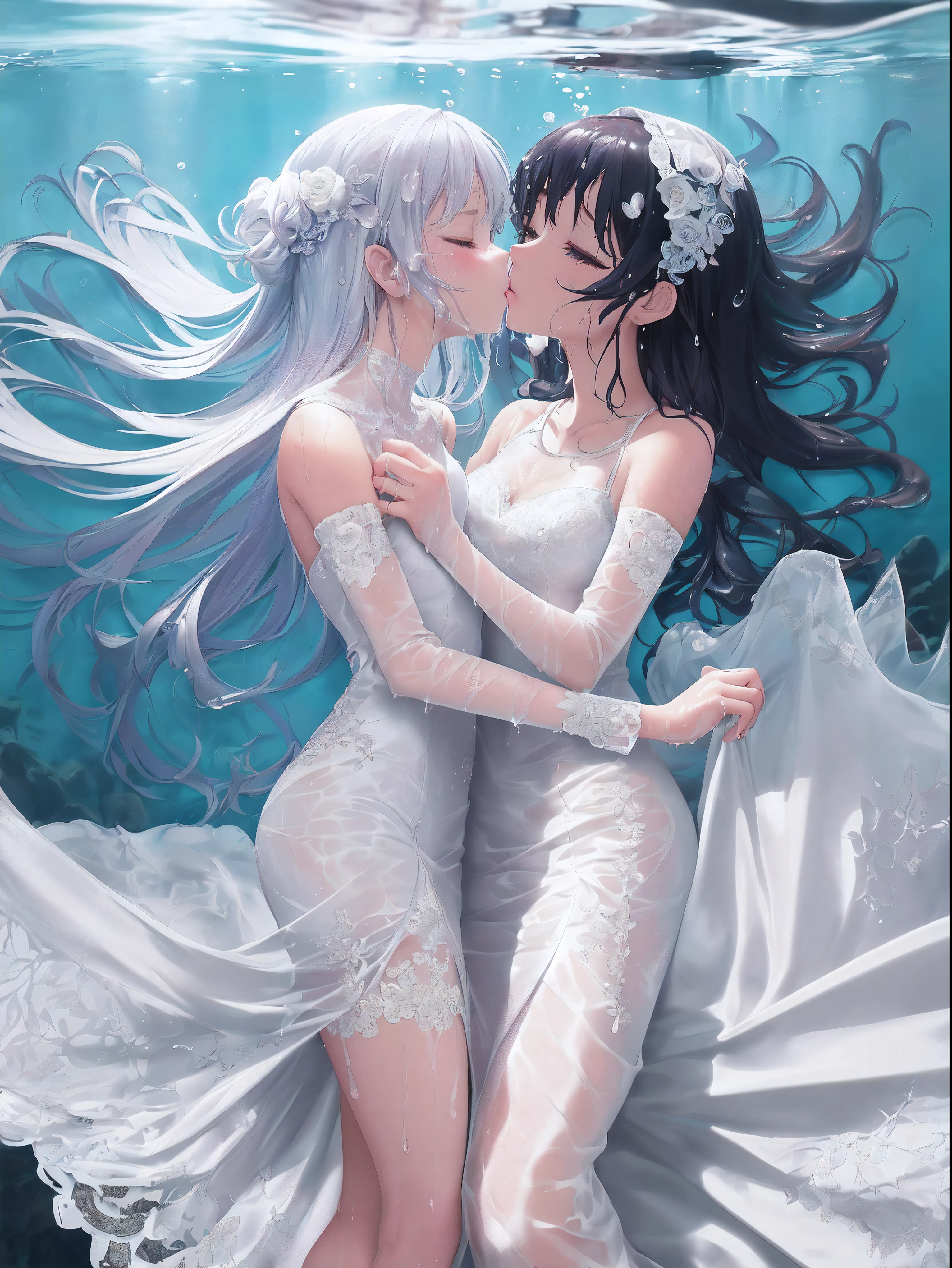 wallpaper anime blue water, beautiful fantasy anime, closeup fantasy with water magic, high definition anime art, Beautiful anime artwork, A beautiful artwork illustration, Beautiful anime art, Anime fantasy artwork, hd anime wallaper, ultra hd anime wallpaper, Anime art wallpaper 4 K, Anime art wallpaper 4k, hd anime wallpaper,(From above, in a panoramic view, Perspective),((Best quality)), ((Masterpiece)), (Detailed),(Dynamic perspective),(1 woman and 1 very young ), 1 woman (Kissing) 1 very young little girlthes)),(deep kisses:1.2),(Wet),(Wet body),Patient expression,Transparent,[dress],((((Soggy translucent beauty white dress，Best lace pattern and beautiful dress，Best embroidery, very long dress))),The best decoration, The best wrinkles), Best shadow, ((underwater photography, floating under water, underwater photo, In water,deep water, Floating drowning)), ((1 woman in a lace patterned wedding dress,1 very young little girl in an embrss)),Yuri,(Drowning,sink), Many blisters,(Masturbation,wears_Masturbation), 8K resolution