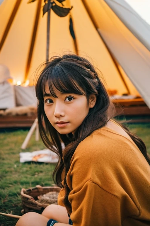Semi-long、Beautiful woman in Japan、camp、teepee、autumnal、bonfire