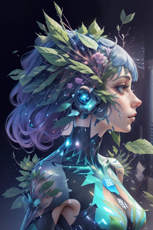 Dublakes style，woman portrait[blossoms：0.2]，leaf city，[Leaf foreground，urban backdrop：0.5]，Mecha girl avatar，Futuristic virtual holographic digital image background，（Doubleexposure：1.8），Complex illustrations in surrealist art style，Surreal dreams，Become an invisible virtual hologram，Transparent person avatar，Virtual holographic digital image