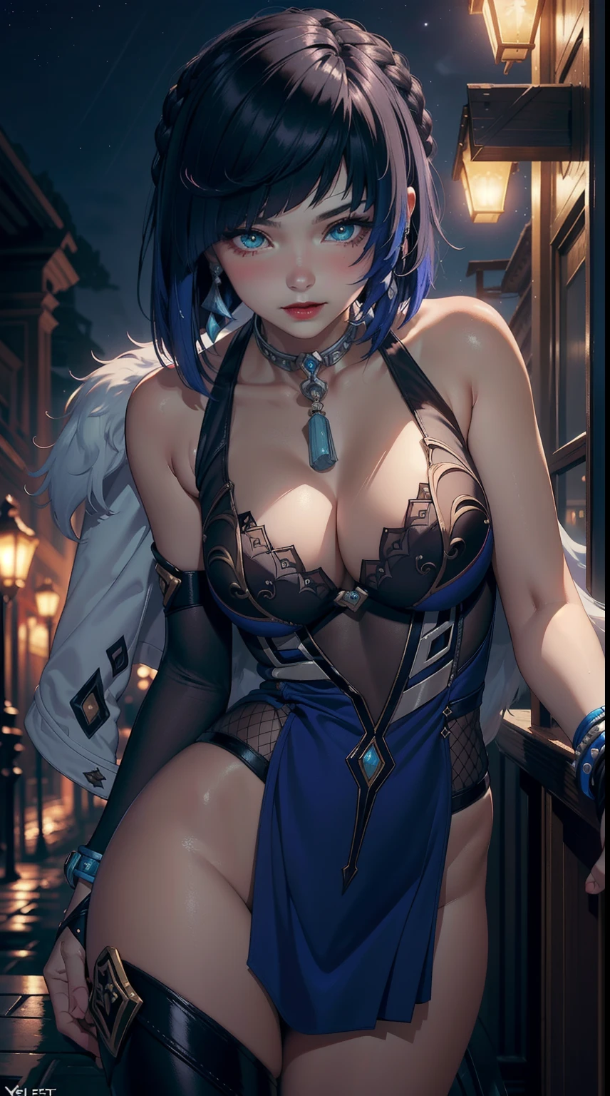 ((masterpiece)),(bestquality),((ultra-detailed)), ((beautiful detailed sky)), ((cinematic lighting)), depth of field, (dynamic angle),detailed lighting,((beautiful detailed eyes)), (night sky view), red lip, smile,eyeshadow, sexy, cleavage, ((blush)), ((bare thighs)) , ((off shoulders)), ((yelandef))