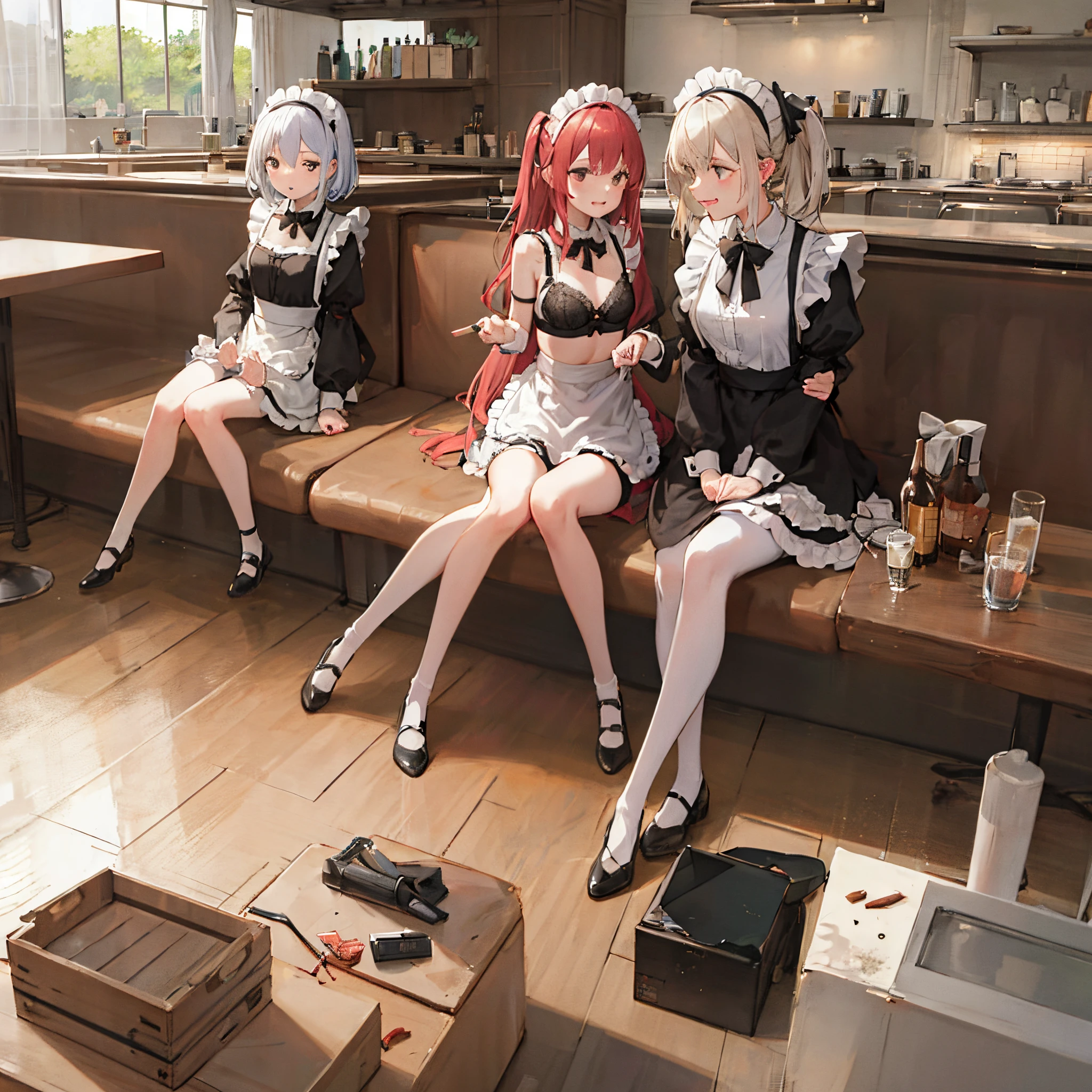 Family restaurant, 2 people in maid clothes, black bra, black bra pulling, sitting