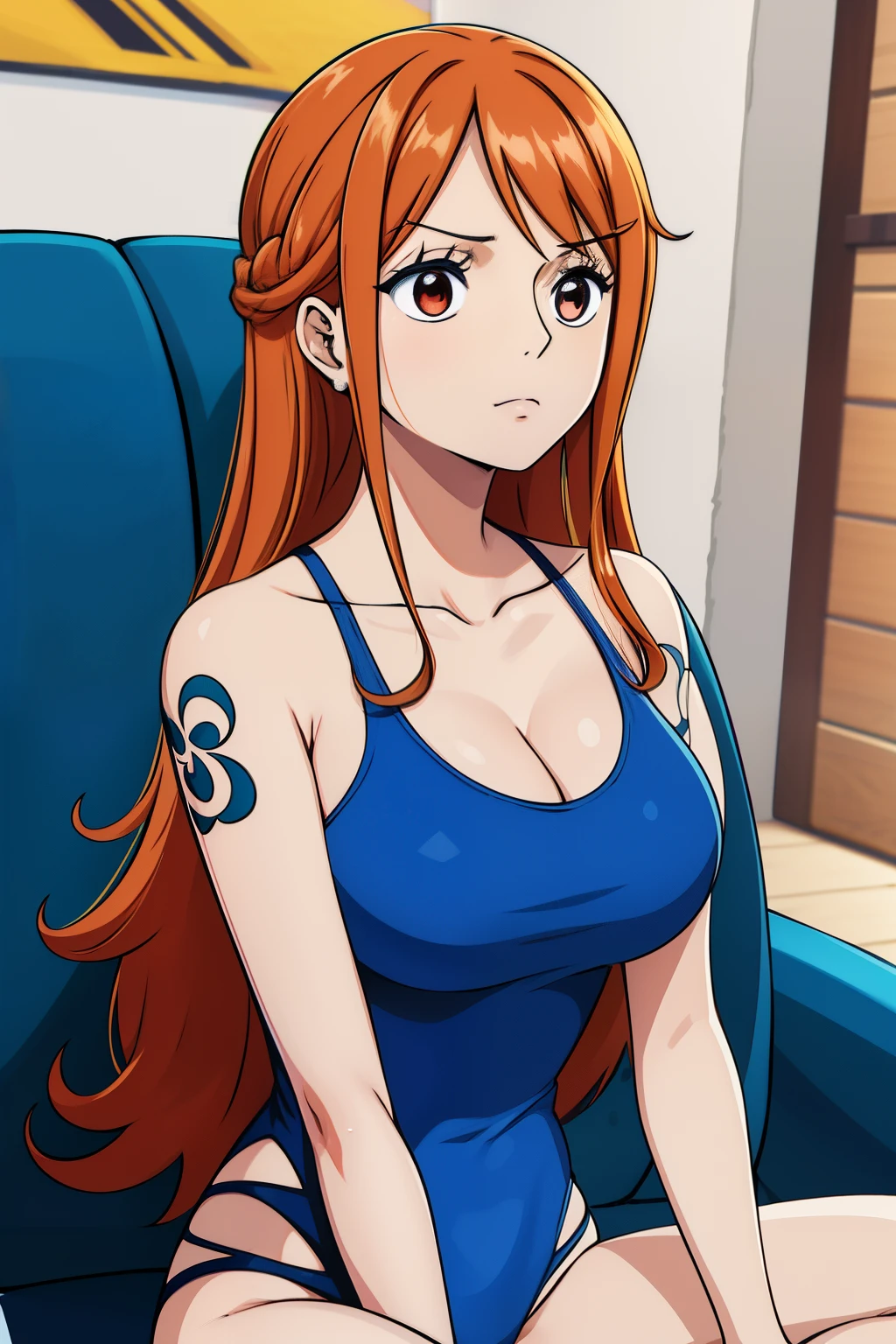 Cute girls,ojos marrones redondos, cabello naranja、sin sujetador、Peinado liso medio a largo,Tatuaje de molino de viento en el hombro izquierdo、(Bigboobs,vestido ajustado latex,Llevar medias negras,En una casa de alquiler,sitting on the couch,Noche,estaba lloviendo afuera,Upper body is wet.,cuerpo entero,he wears a blue swimsuit