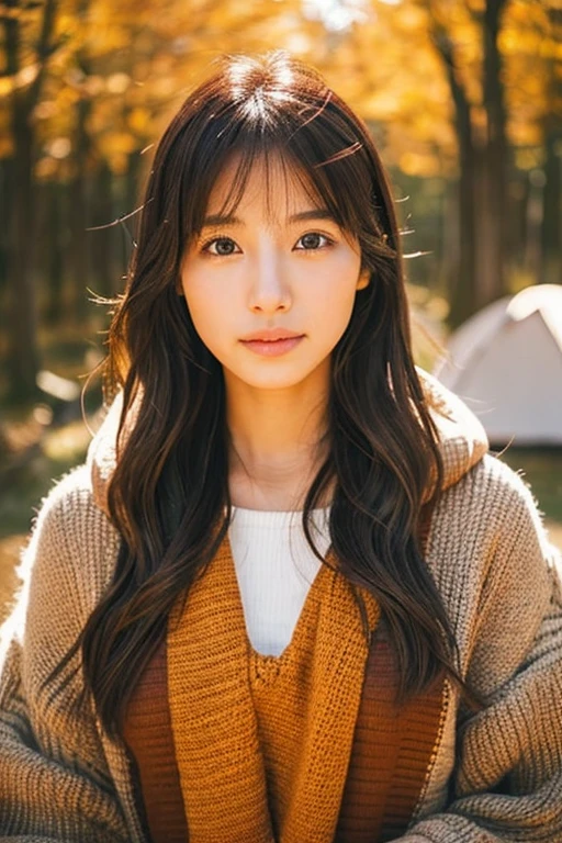 Semi-long、Beautiful woman in Japan、camp、teepee、autumnal、bonfire