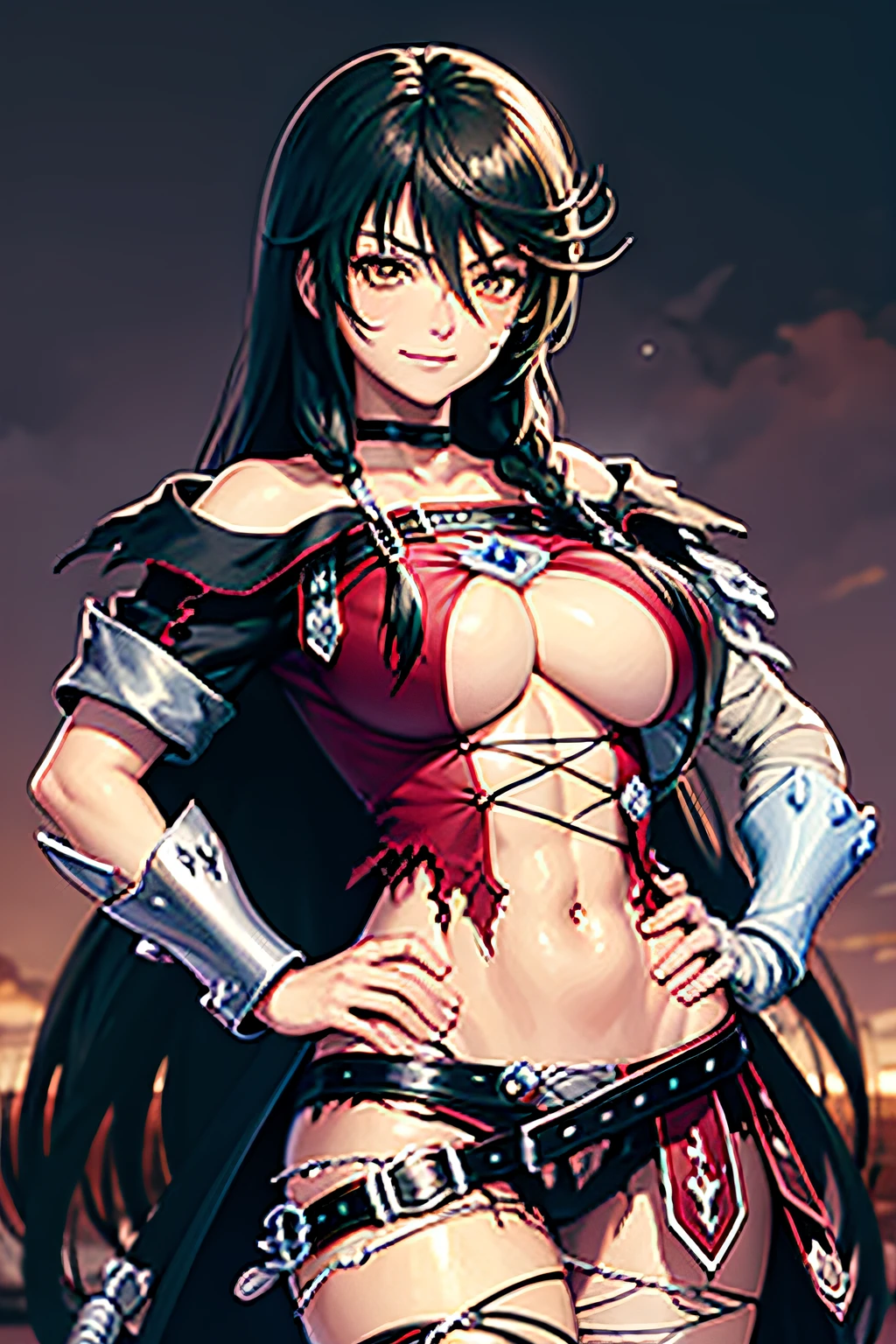 Velvet Crowe, abs, smirk, big boobs, smirk, hands on hips, dungeon, topless