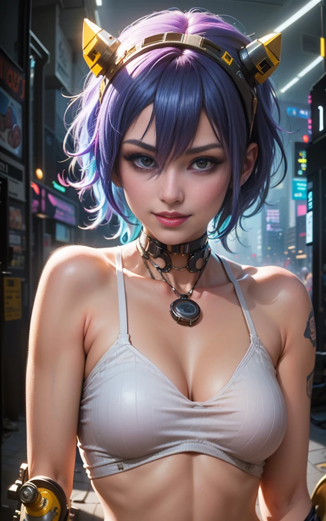 ((cyberpunk girls wearing colorful Harajuku style pop outfit)), ((((fisheye lens)))), cowboy shot, wind, purple hair, ((cyberpunk 2077 cityscape)), (cyberpunk aesthetics and atmosphere:1.3), bright colors, smiling, ((cinematic lighting)