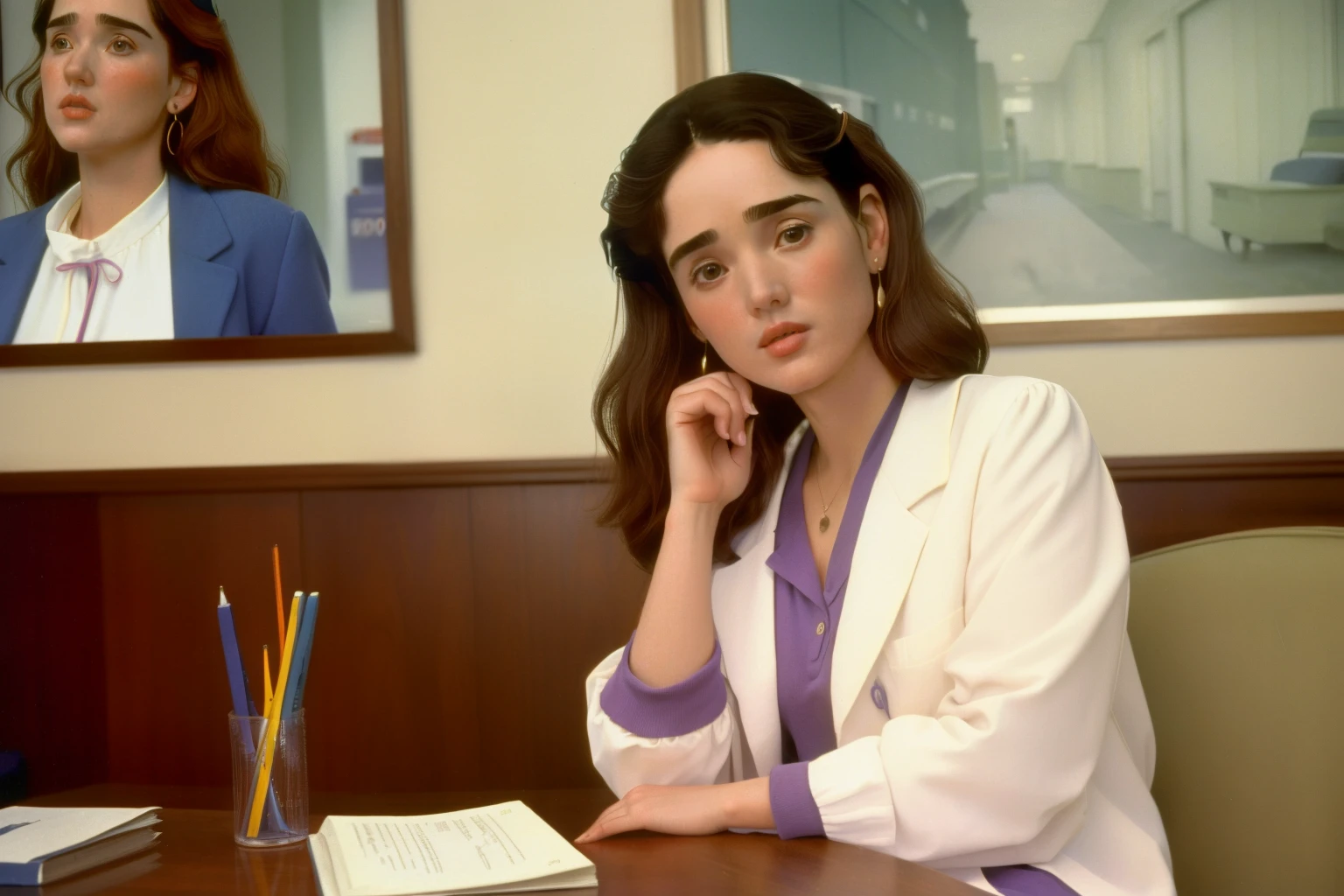 1995, Woodfield, Massachusetts. Pre-raphaelite ((((40-year-old)) Jennifer Connelly)), doctor, inside a medical clinic, ((happy)), ((((casual Clothing from the 1990s)))) ((short Hairstyle of the 1990s)), ((Wes Anderson cinematic style)), colorful