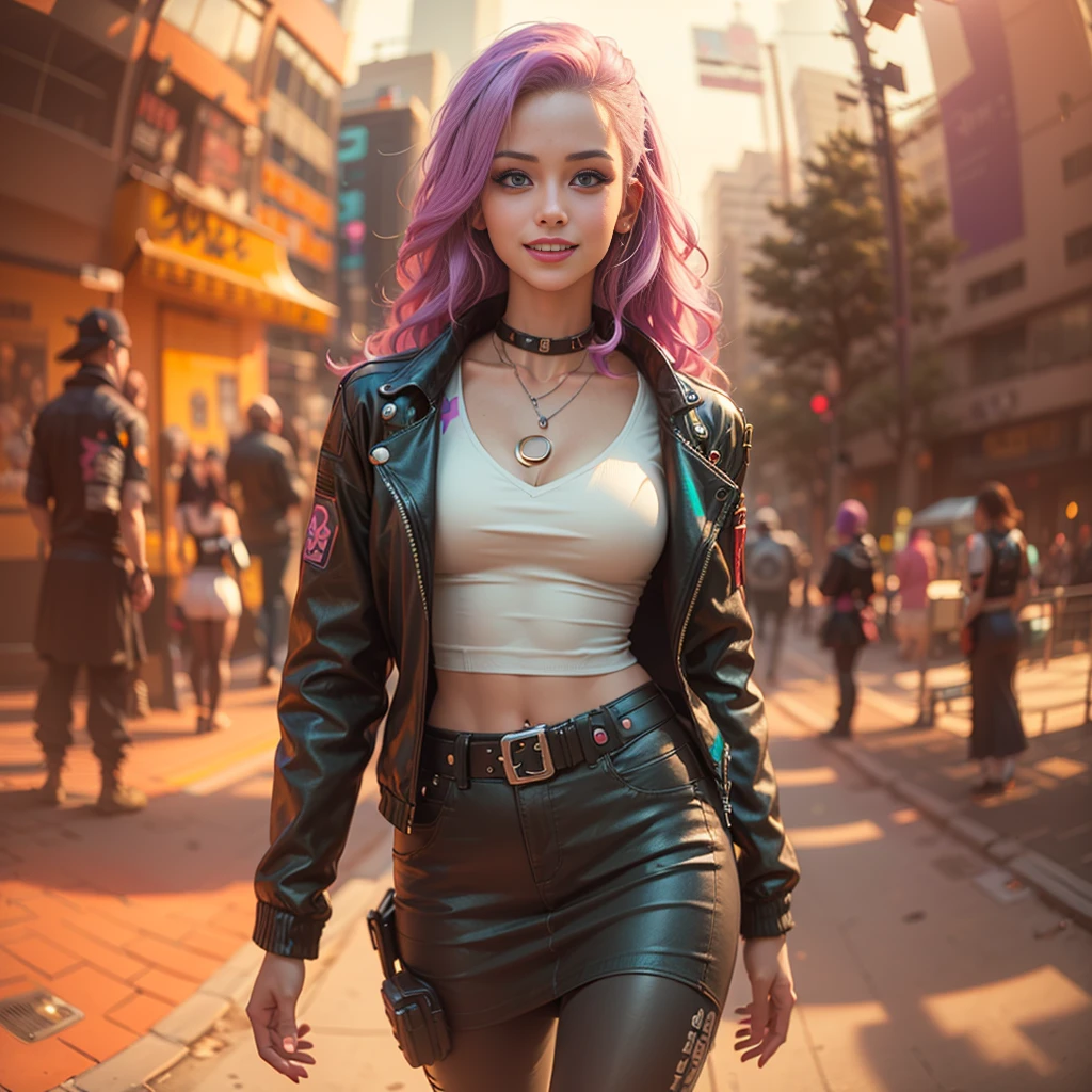 ((cyberpunk girls wearing colorful Harajuku style pop outfit)), ((((fisheye lens)))), cowboy shot, wind, purple hair, ((cyberpunk 2077 cityscape)), (cyberpunk aesthetics and atmosphere:1.3), bright colors, smiling, ((cinematic lighting)