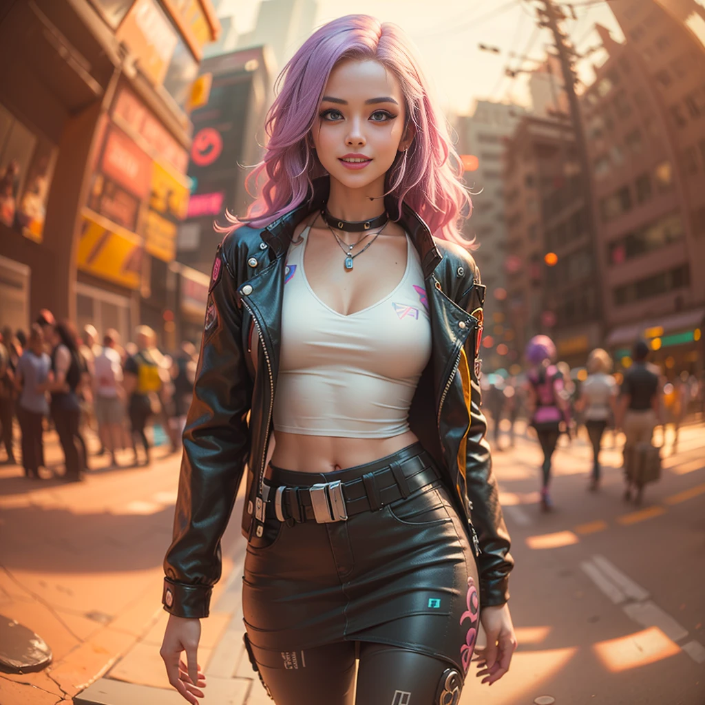 ((cyberpunk girls wearing colorful Harajuku style pop outfit)), ((((fisheye lens)))), cowboy shot, wind, purple hair, ((cyberpunk 2077 cityscape)), (cyberpunk aesthetics and atmosphere:1.3), bright colors, smiling, ((cinematic lighting)