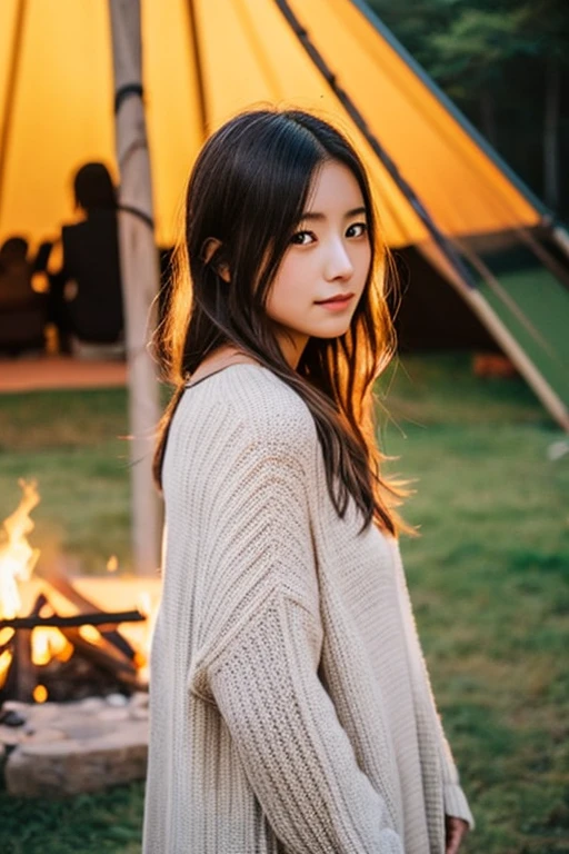Semi-long、Beautiful woman in Japan、camp、teepee、autumnal、bonfire