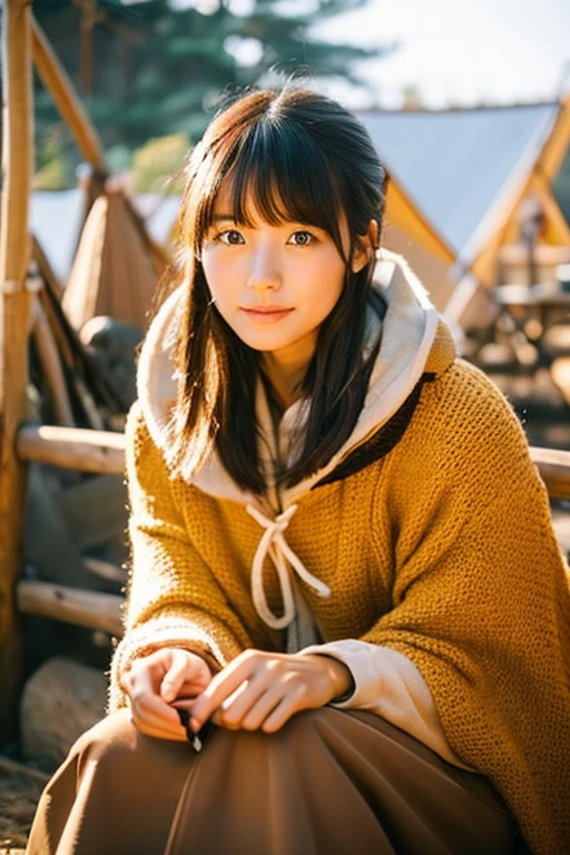 Semi-long、Beautiful woman in Japan、camp、teepee、autumnal、bonfire