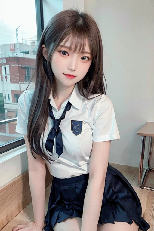 School corridor,Angle from the front,Japanese,Female student,Brown eyes,Semi-long hair,Dark brown hair,Blushing、White short sleeve blouse,Ribbon tie,school uniform,Check Pleated Skirt,mini skirt,White socks,Black Loafers,cute,Full Body,smile