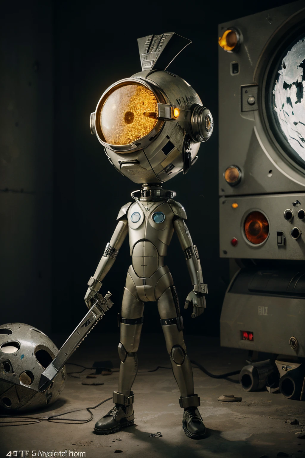 A Modern flat toon Crazy whit a Big ONE a Only Eye Robot and helmet Style, tongs in hands, Tv head, pinhead, camouflage yellow white Pibnk Rusty, Ambient in a meteorite crater super detailed, center, beautiful, soft lighting, focused on the character, 4K resolution, photorealistic rendering,