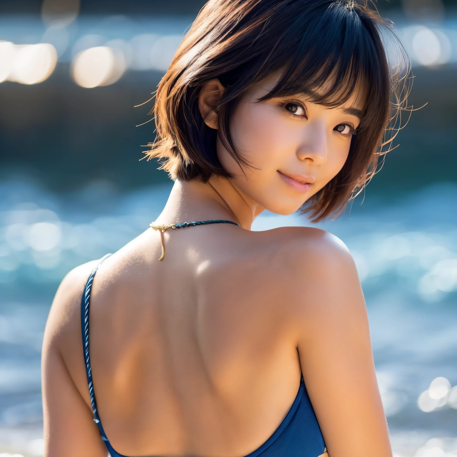 Fluffy short bob　　hawaii　japanes　early evening　The bikini　Slender eyes　toppless