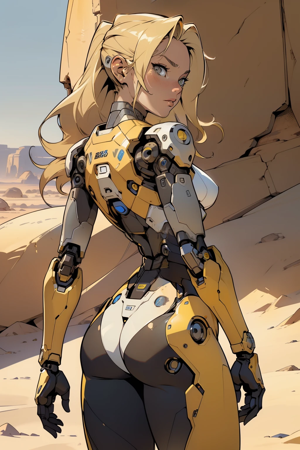 high quality, 4k, masterpiece, beautiful, cyborg girl, cowboy shot, dull eyes, back side, turning around to look at viewer, long blonde hair, girl, small breasts, fit thigh, robotic arms, robotic body, cyborg body, yellow accent, redaccent, intricate detail, joint, detailed lines, robotic detail, 1fist on hip, color robotic parts, robotic parts with color, perfect fingers, on a desert planet, sunny background, colorful desert,