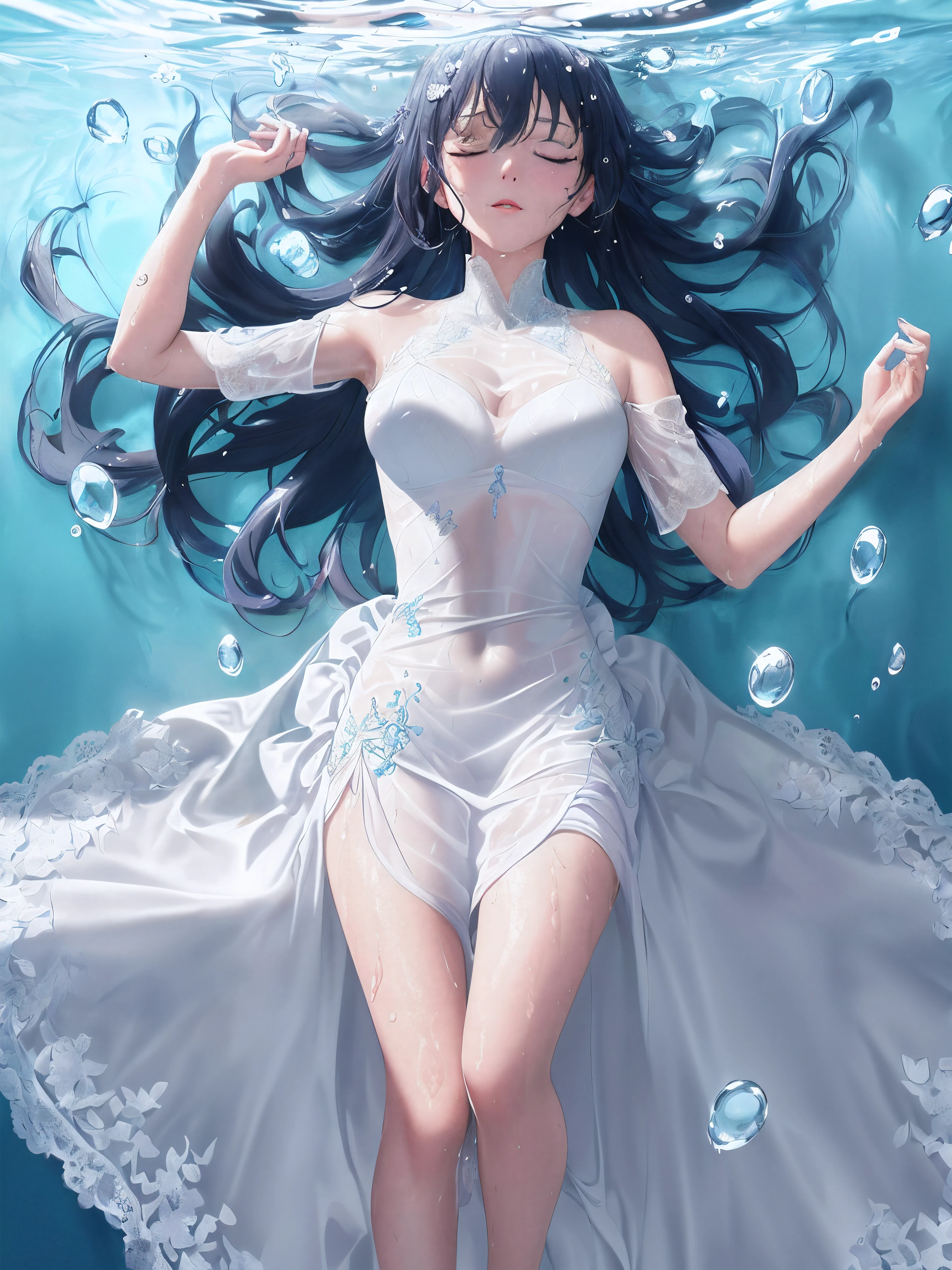 Best quality at best，Super beauty，Highest image quality，First in the world，White-haired woman，Kneel in the water，Skin is smooth and firm，Protruding chest，Expose breasts exposed，Waist exposed，Wear a string as shorts，The background is delicate，Depth layout，High-end atmosphere，Look at it defiantly，One hand pulls open the clothes，Exposing the skin，Clear eye contour，ssmile，Long eyelashes，Woman with long black hair exposing breasts，Cute big breasts，Wear a cool transparent shirt，Highest image quality，tmasterpiece，First in the world，Top painting，Endless flowing oceans，Deep eyes，Sit on your knees，The sky is cloudy，The sun and the moon shine，The water is calm，Full body like，Photo quality，4K，Long transparent dress，Water flows，The skirt flows into the water，The clothes are fluttering，Clouds surround，Clothes fluttering，，Almost nudity
Exposed milk，Transparent dress，Wet，