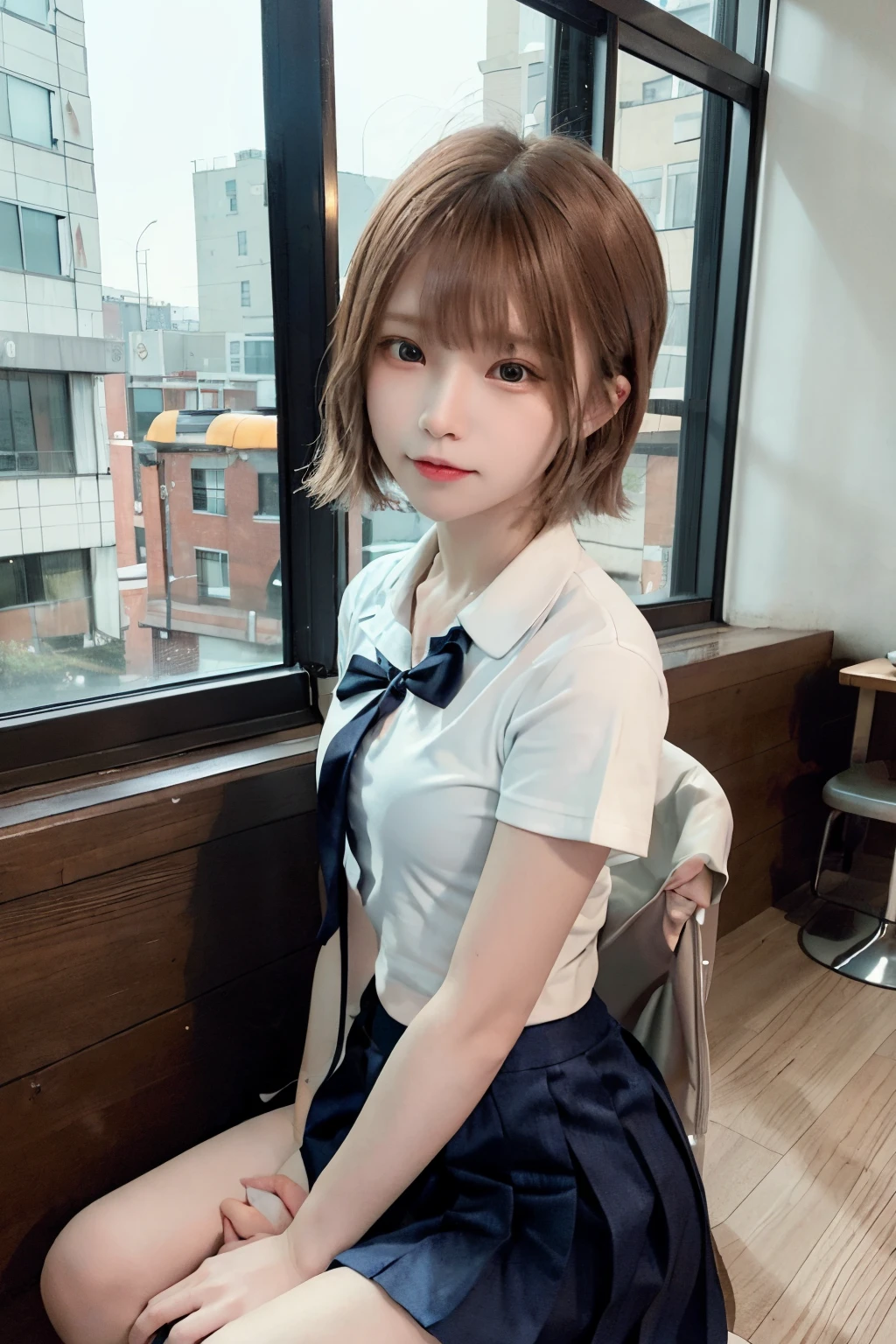(8K、Raw photography、top-quality、masterpiece:1.2)、(realisitic、Photorealsitic:1.37)、1 girl in、15 only、cute little、adolable、(blue eyess)、(Shy smile:0.4)、(独奏)、详细的脸、oval-face、Thin almond eyes、a pixie cut、Hair over one eye、A slender、medium breasts、School Uniforms、(Navy pleated skirt:1.2)、Dramatic Angle、tilt of the head、fluorescent lamp、Inside the coffee shop、Sitting by the window、small head、(Facing the other side)、teens girl