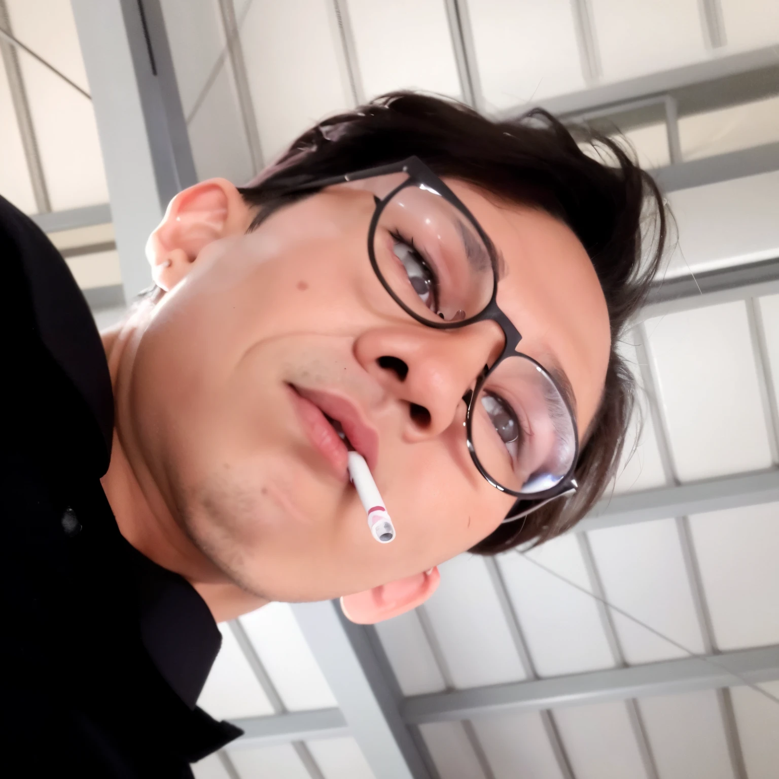 there is a man with glasses and a tie smoking a cigarette, 8k selfie photograph, with small nose, very very low quality picture, 2 , 2 7 years old low quality, selfie shot straight on angle, 38 years old, very low quality, with narrow nose, 2 9 years old, (((luke c