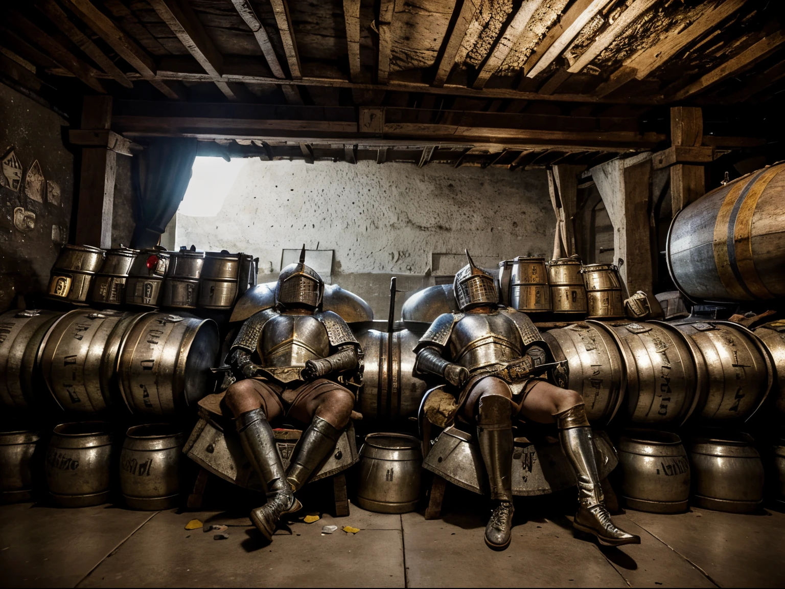 Drunken Medieval ((knights)) in Armor are ((sleeping)) among empty beer kegs and barrels, medieval painting, (empty beer cans scattered around), in cave, eerie atmosphere, buddies, documentary, style of tainted grail