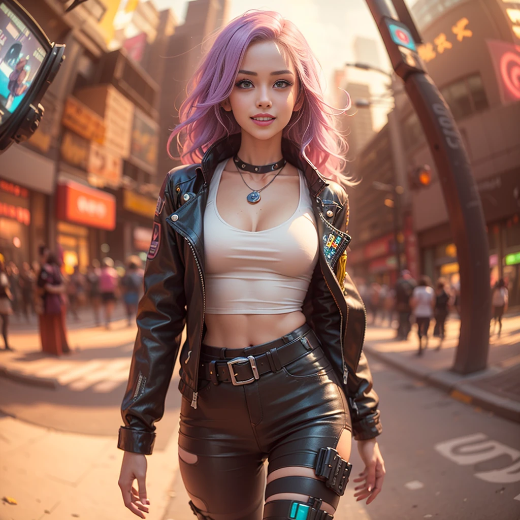 ((cyberpunk girls wearing colorful Harajuku style pop outfit)), ((((fisheye lens)))), cowboy shot, wind, purple hair, ((cyberpunk 2077 cityscape)), (cyberpunk aesthetics and atmosphere:1.3), bright colors, smiling, ((cinematic lighting)