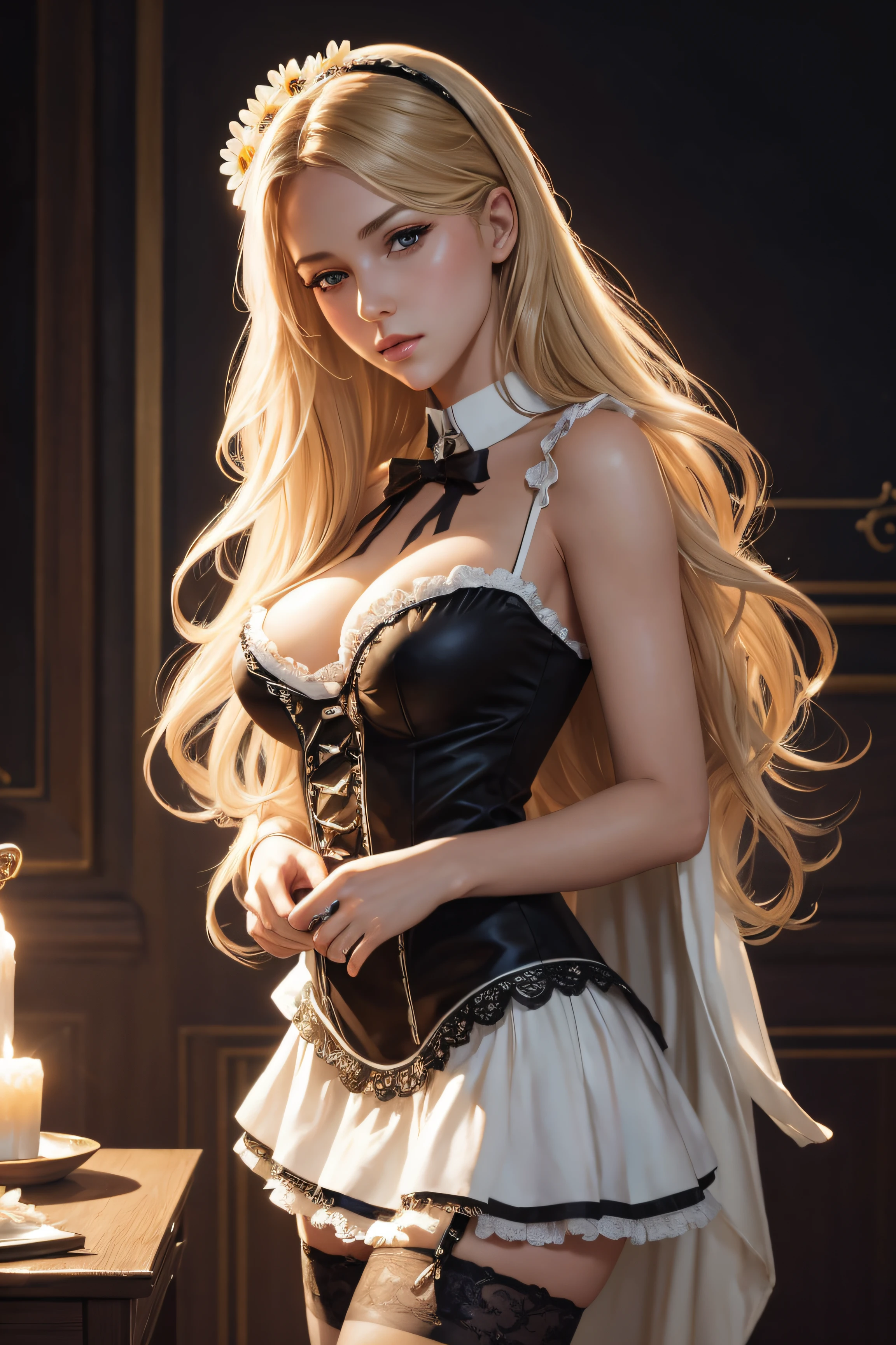 Daisy Keech, french maid sexy clothes, character portrait, 4 9 9 0 s, blond long hair, intricate, elegant, highly detailed, digital painting, artstation, concept art, smooth, sharp focus, illustration, art by wlop, charlie bowater and alexandra fomina