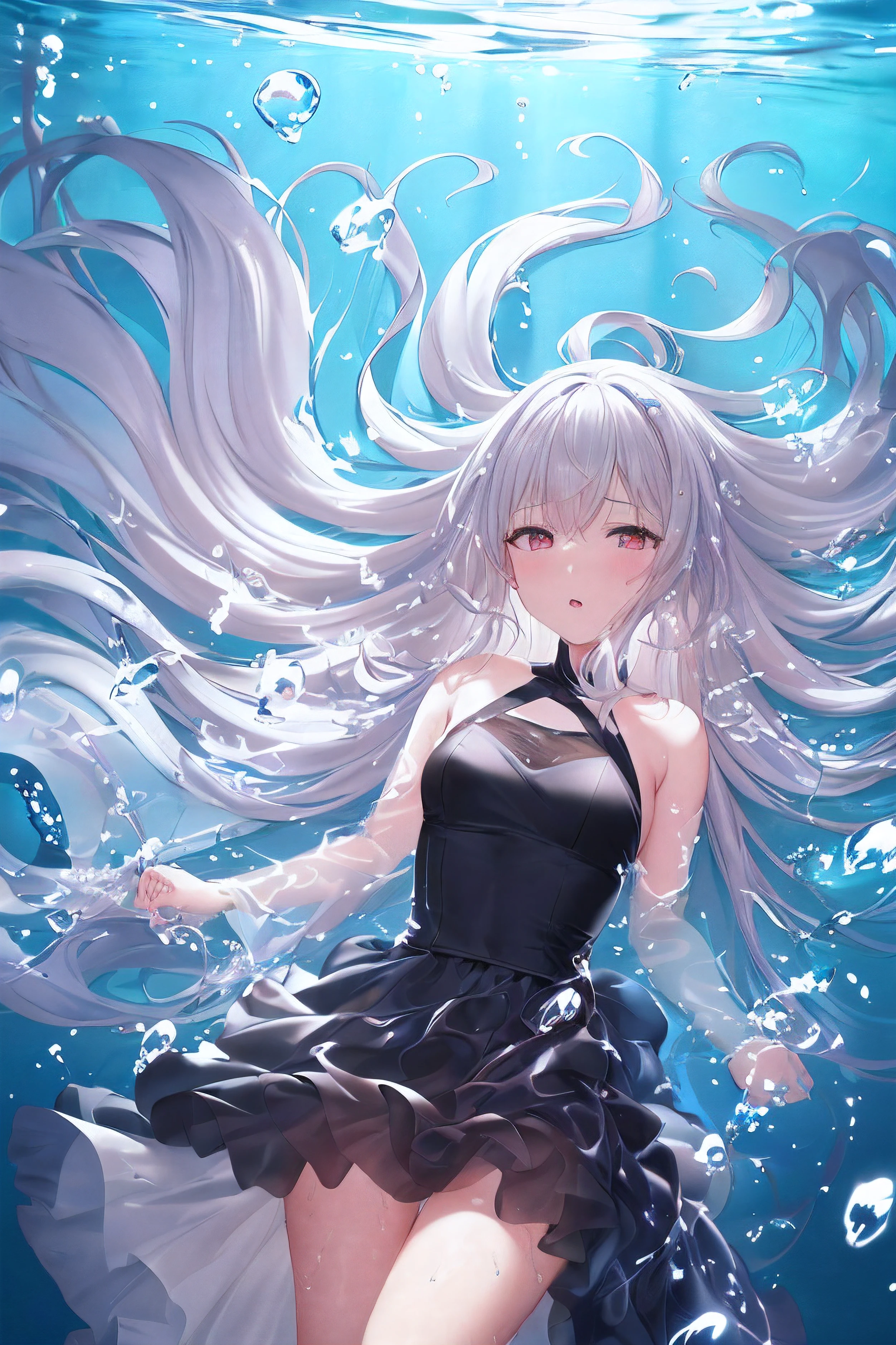 Silver haired girl under water, 1 girl, solo, deep sea, very long hair, hair shaking and spreading in water, surface over head, full body, face focus, diving, maxi long dress, voluminous dress, dress also floating and spreading in water, bare feet, looking at viewer, bubbles, ((surrounded by bubbles)), <lora:SilvermoonMix02_V73:1>