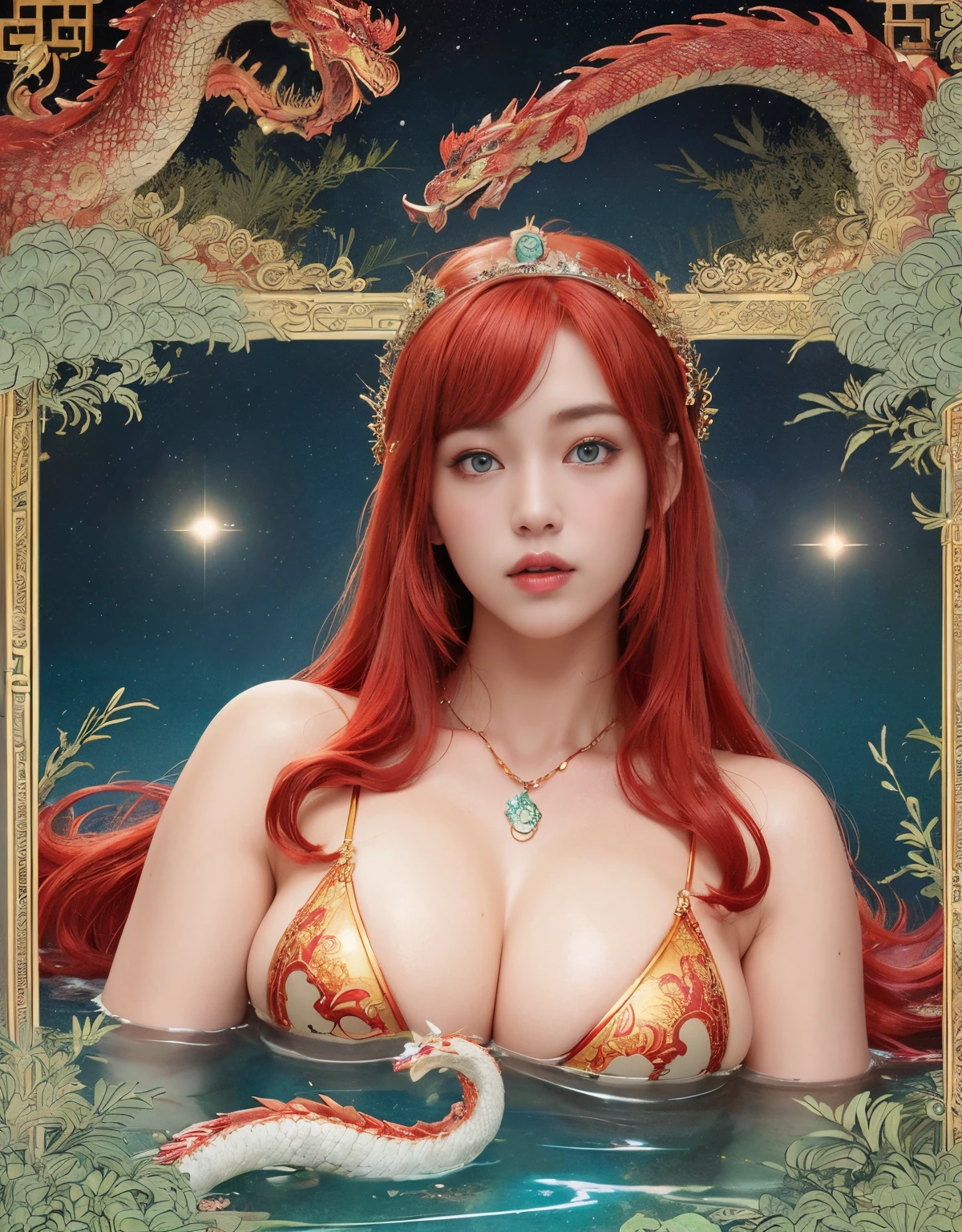 (heavy breasts)、top-quality、​masterpiece、超A high resolution、(((Chinese dragon background))),（White Ragon Armor）、(((Colossal tits))),dragon armor、(((Detailed Micro Bikini))),(Wearing a beautiful crown made of jewels),(Photorealsitic:1.4)、Raw photo、女の子1人、(((Random hair))、(((Take different poses)))、glowy skin、(((Red hair)))、Intricate and ornate hair ornaments、（Gorgeous Jewelry Necklaces）、（Mystical expression）、（Full Body Angle）、（Metal bikini）、((beautiful lake background)),(chinese dragon background)、Precipitous cliffs、(Precipitous cliffs)、((super realistic details))、portlate、globalillumination、（sexypose）、Shadow、octan render、8K、ultrasharp、Colossal tits、Raw skin is exposed in cleavage、metals、Details of complex ornaments、Japan details、highly intricate detail、Realistic light、CGSoation Trends、Blue eyes、Glowing eyes、Facing the camera、Toostock、（Full Body Angle）、（veils）、(((Heavy Big))),Eyes glow、