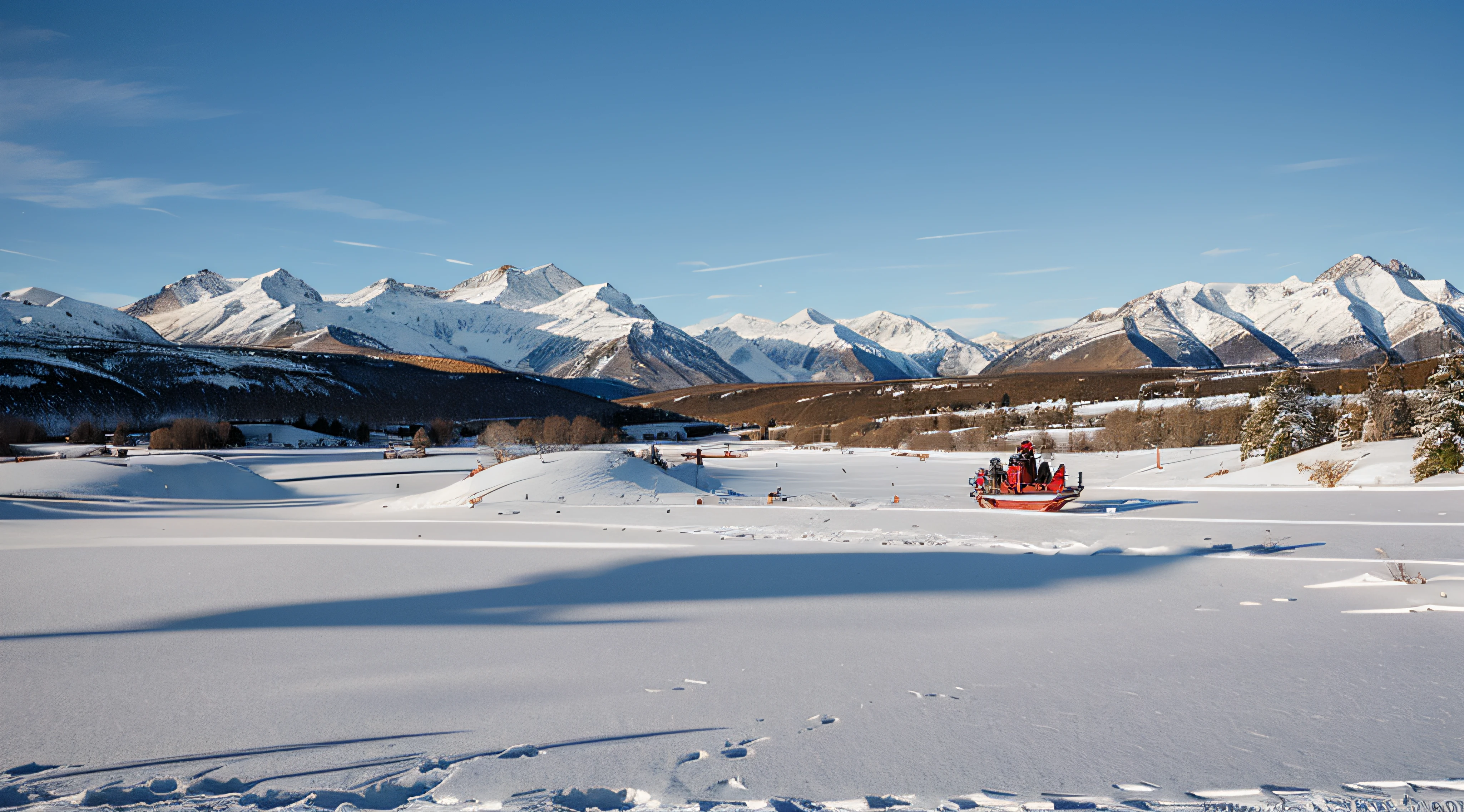 A winter landscape with snow-capped mountains in the background, in the distance, Santa Claus passes by in a sleigh pulled by reindeer, and in the foreground a flat plain covered with untouched snow, without a trace.