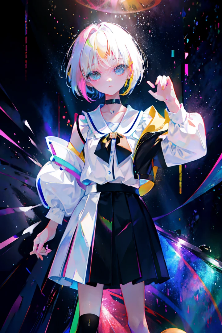 Rainbow on background、Irridescent color、colourfull、top-quality、超A high resolution、(Photorealsitic:1.4)、Female 1 Person、Sleeveless white buttoned shirt、Black skirt、Black Choker、cute little、(Kpop Idle)、(attractiveness:1)、(Platinum Blonde Hair:1)、((Puffy eyes))、Look at the viewer、full body Esbian、Facing the front