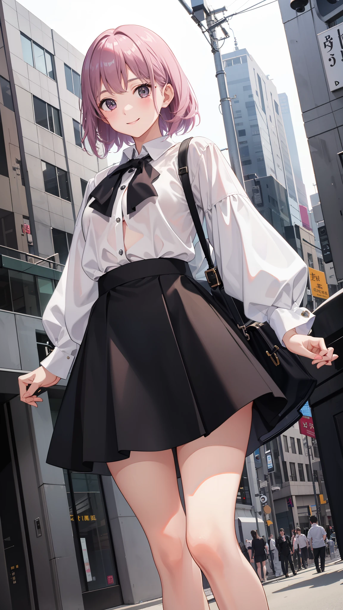 1girl in、imagem 4k、A smile、The shirt、Blouse、（paler）skirt by the、（small tits）Chilarism、movement、