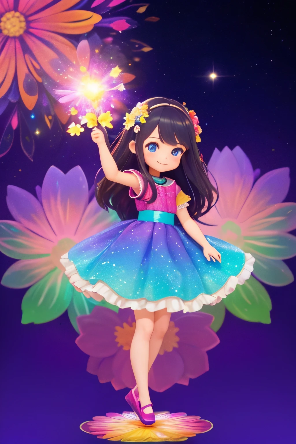 Extremely detailed,(Fractal Art:1.1),(Colorful:1.1)(Flowers:1.3)、 (Dynamic Pose), (Abstract background:1.3)、(Many colors:1.4)、Place one small doll on a circular stand、kawaii pose、A smile、A dark-haired、Chibi Doll、Stars in the eyes（kirakira）、Singing with microphone in hand、Eye Up、Laugh、Cute red shoes、Ultra Detail, radiant light、bio luminescent、Stronger bokeh effect、Taken from the side