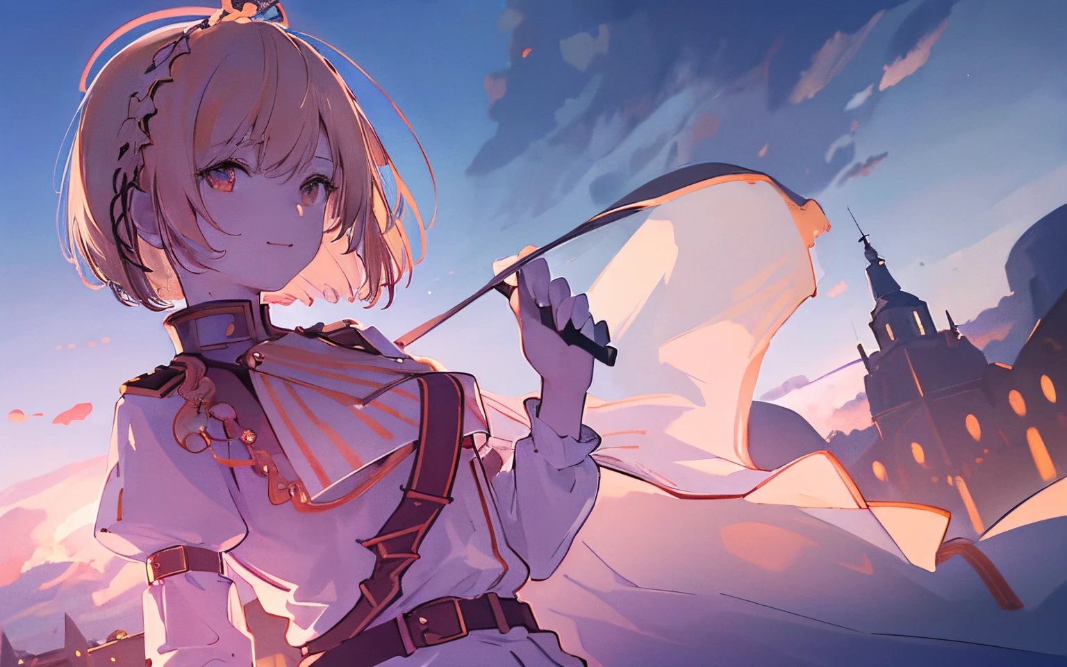 1 girl in, White one-piece military uniform, (masutepiece:1.2, Best Quality), (beautifull detailed face), High contrast, (Best Illumination, extremely delicate and beautiful), ((Cinematic Light)), Dramatic light, Intricate details, dark orange eyes, Small breast, Belt under breast, White military uniform, White skirt,blonde hair, Wolf cut hair, Look at me and smile, ruddy skin, sky,