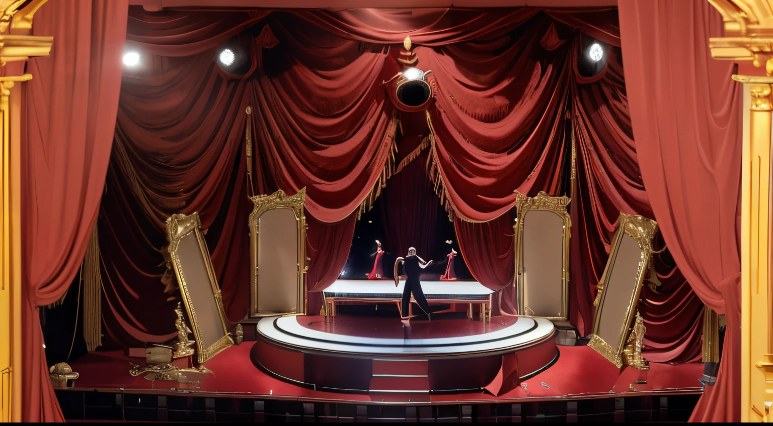 european theater，Red curtain，Gold border，Girls dancing on stage，There are many mirrors on the stage