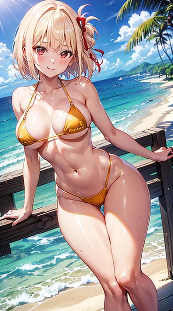 Extremely detailed, 2k wallpaper, amazing, finely detail, 8K Wallpaper, huge filesize, Ultra-detailed, hight resolution, Extremely detailed, Realistic, 8K, Ultra-high definition, Highest Quality, Ultra High Resolution, NSFW, POV, Beautiful background, (masterpiece), Raw photo, Best Quality, expressive eyes, perfect face, ((sexy micro bikini)), bedroom, sexy legs, legs, beautiful eyes, beautiful smiling face, red ribbon, hips, red eyes, blush, sweat, sexy, provocative pose, high leg, bare breasts, glossy chest, shiny on the chest, whole body, large cleavage, Tropical beaches, full nude, anime style, ((extra small micro bikini)), sexypose, sexy facial expression, Sexy Shots, beautiful legs, platinum-blonde, shorth hair, red eyes, at the tropical beach side, beach, summer, (thighs thighs thighs thighs:1.0), medium_breasts, Yellow blonde hair, oppai proportions, small curvy , oppai, Short yellow blonde hair, short hair